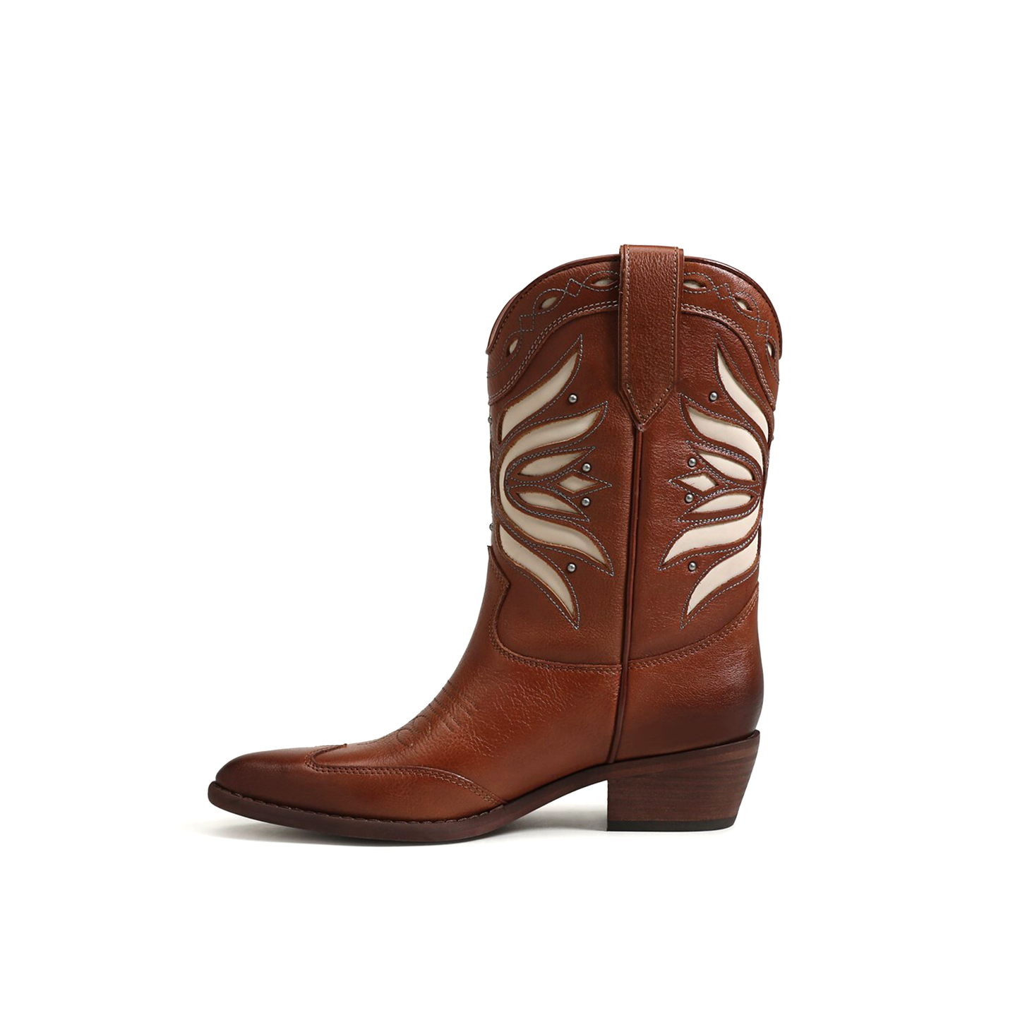 Brown Pointed-Toe Inlays Studded Mid Calf Cowgirl Boots