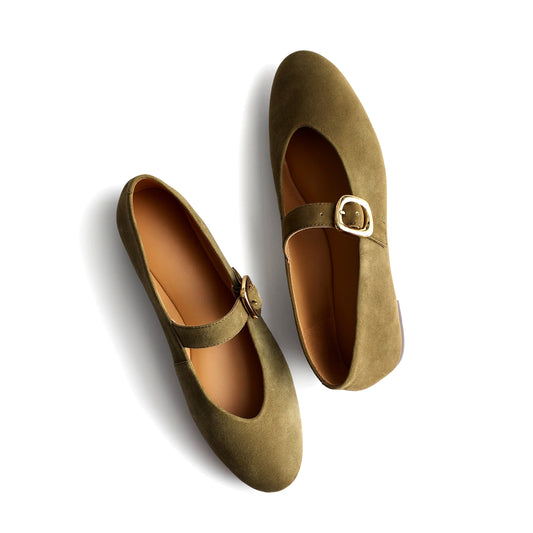 Olive Green Faux Suede Round-Toe Buckle Bridge Strap Slip-On Flats