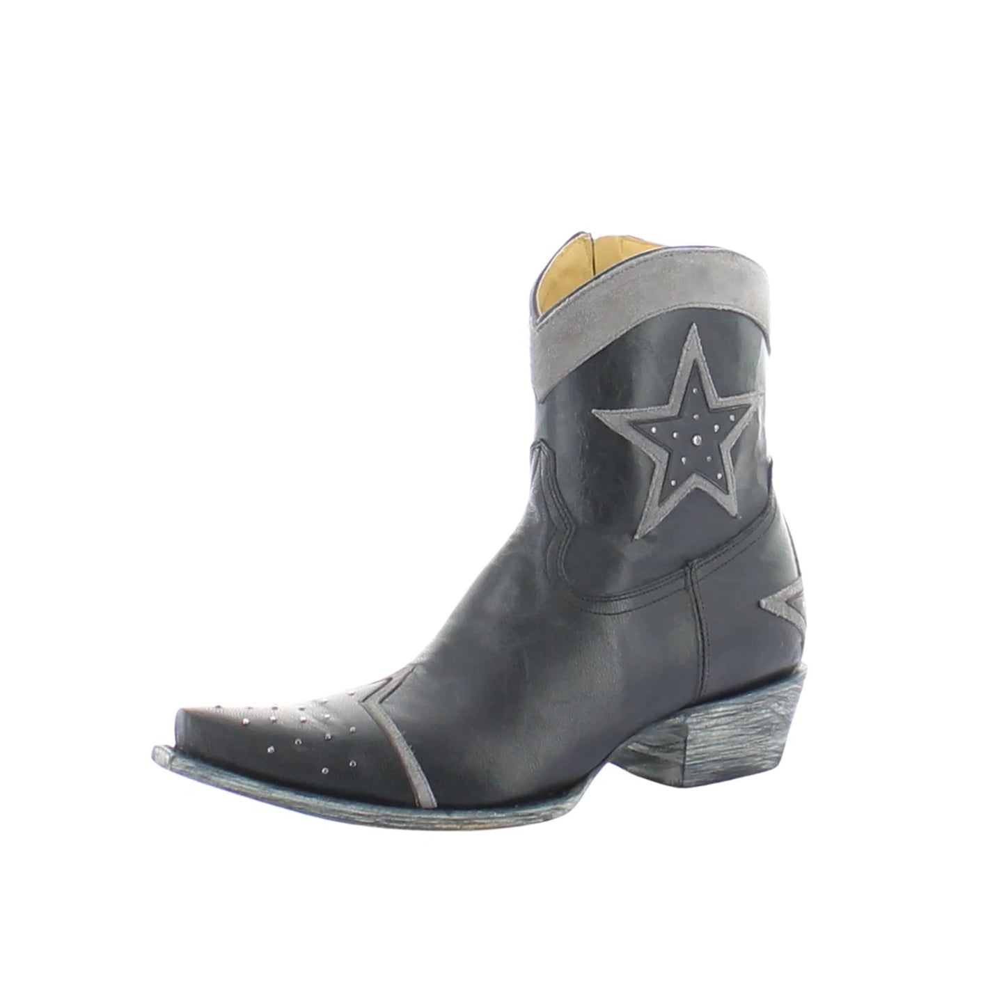 Black Snip-Toe Studded And Star Applique Ankle Cowgirl Boots
