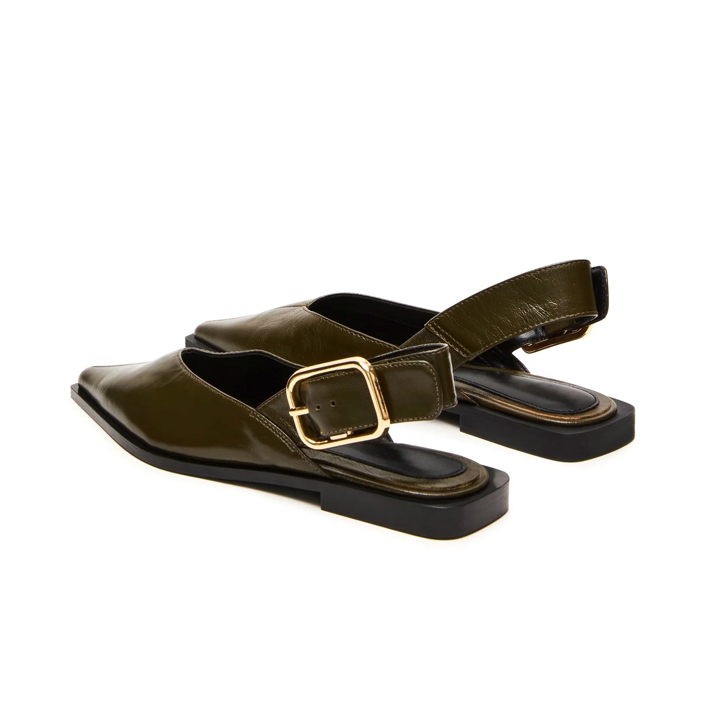 Olive Green Vegan Leather Pointed-Toe Slingback Buckle Flats