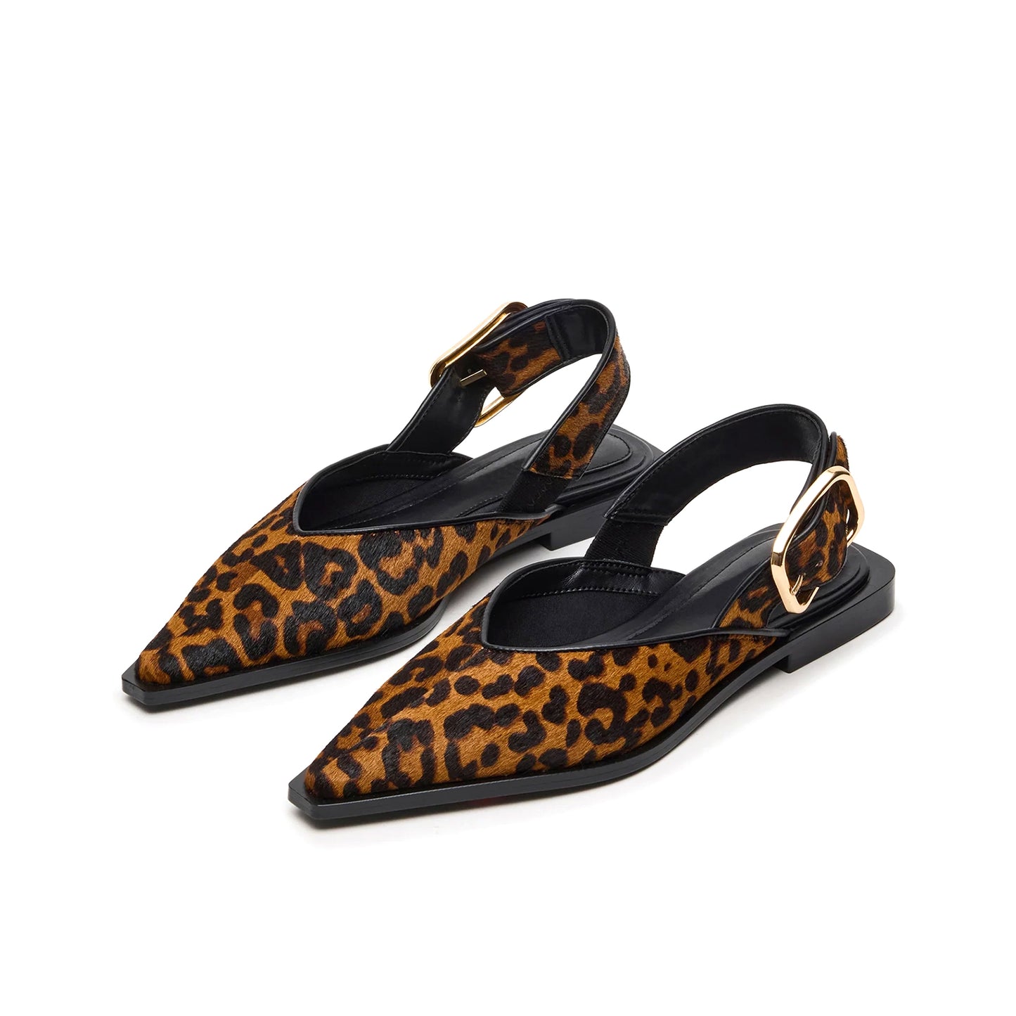 Leopard Pony Hair Pointed-Toe Slingback Buckle Flats