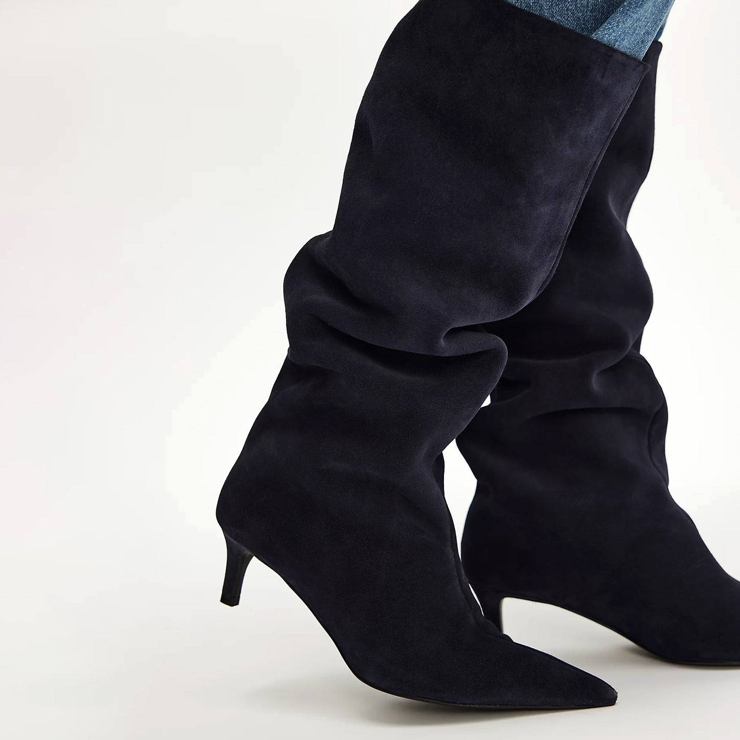 Navy Blue Faux Suede Pointed-Toe Wide Calf Knee High Stiletto Boots
