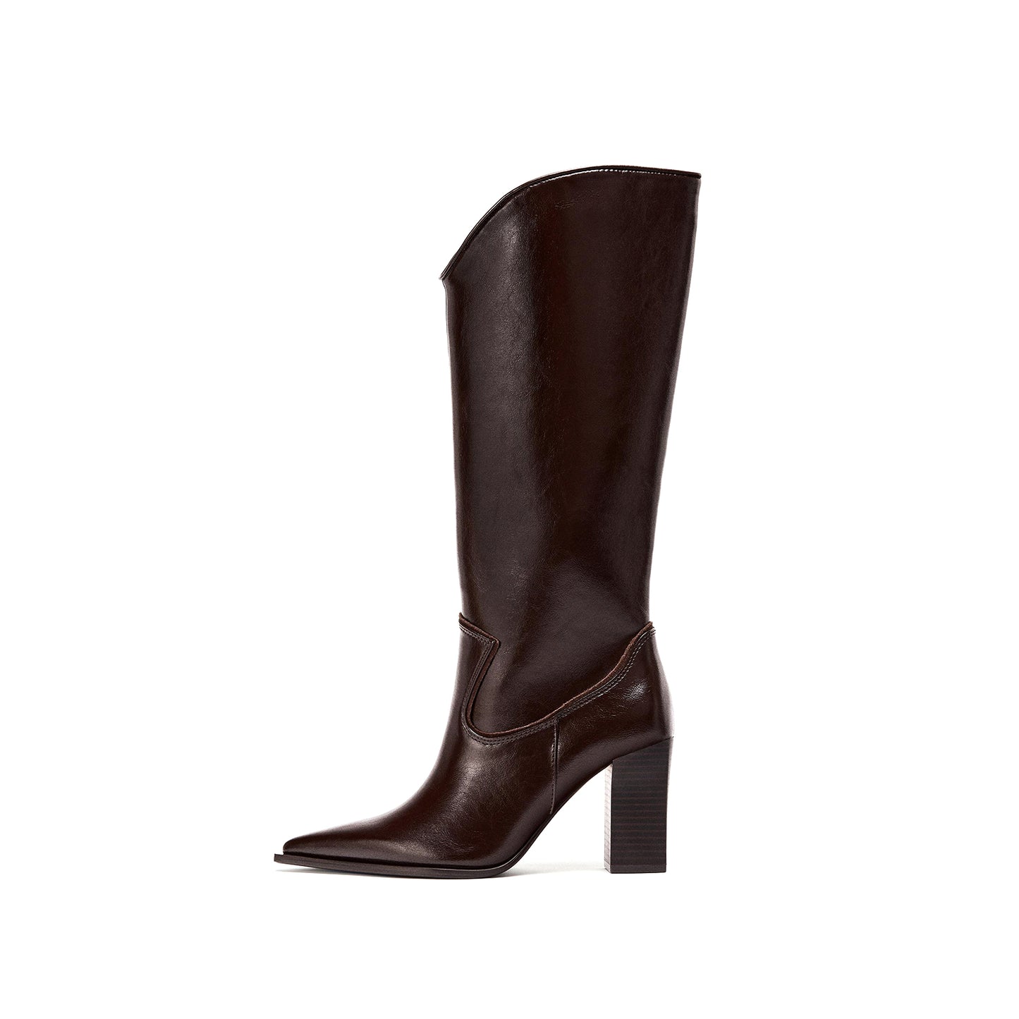 Dark Brown Pointed-Toe Simple Wide Calf Knee High Cowgirl Boots