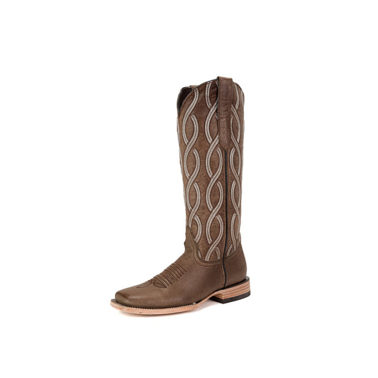 Brown Square-Toe Spiral Embroidery Wide Calf Knee High Cowgirl Boots