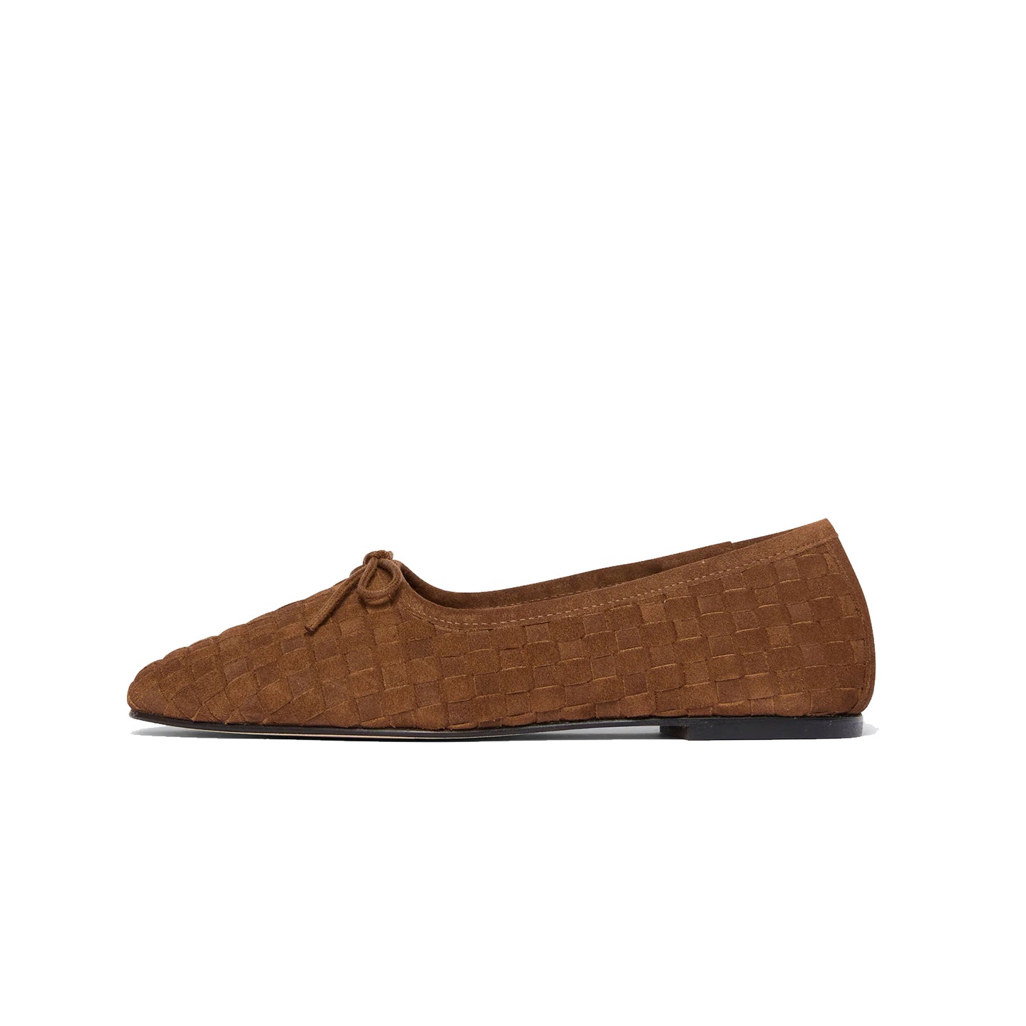 Coffee Woven Faux Suede Square-Toe Front Bow Ballet Flats