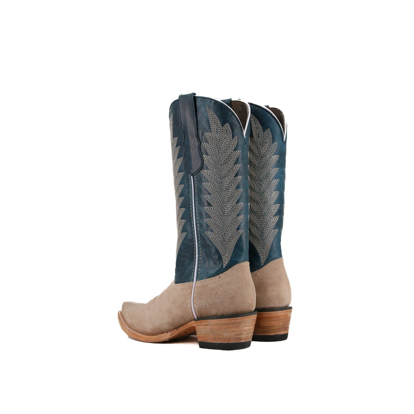 Contrast Navy And sand Faux Suede Snip-Toe Embroidery Mid Calf Cowgirl Boots