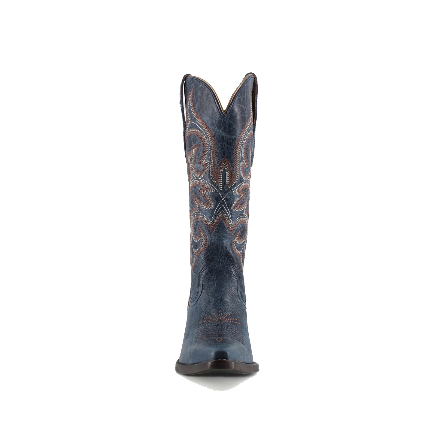 Distressed Dark Blue Snip-Toe Mid Calf Embroidery Cowgirl Boots