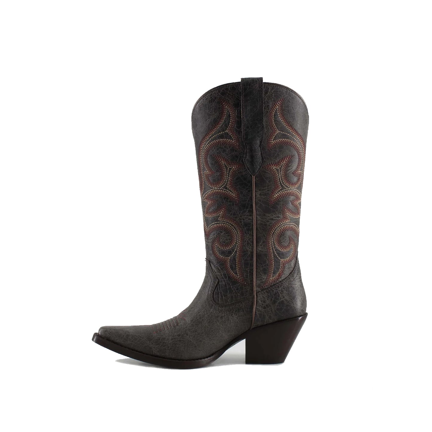 Distressed Burgundy Snip-Toe Mid Calf Embroidery Cowgirl Boots