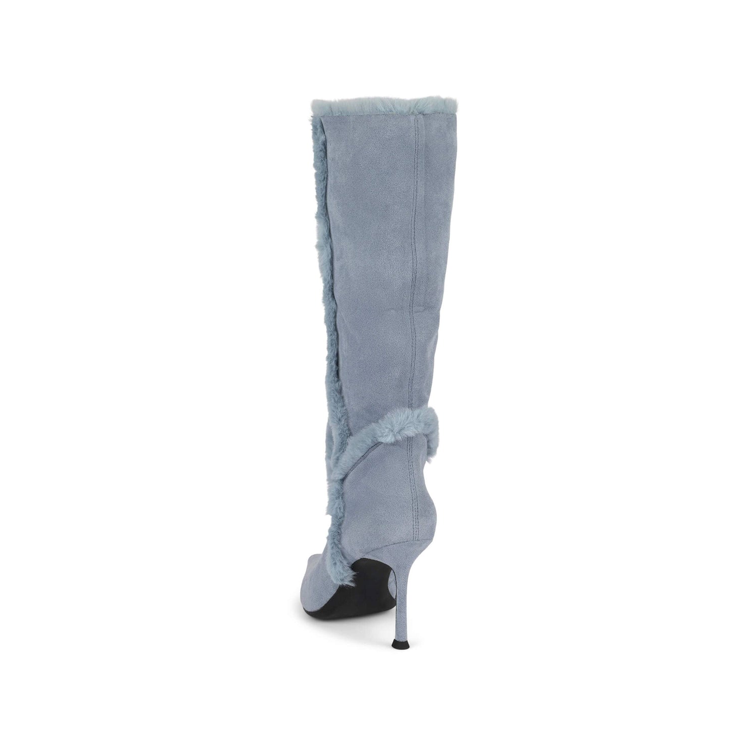Blue Faux Suede Pointed-Toe Plush Fold-Over Knee High Stiletto Boots