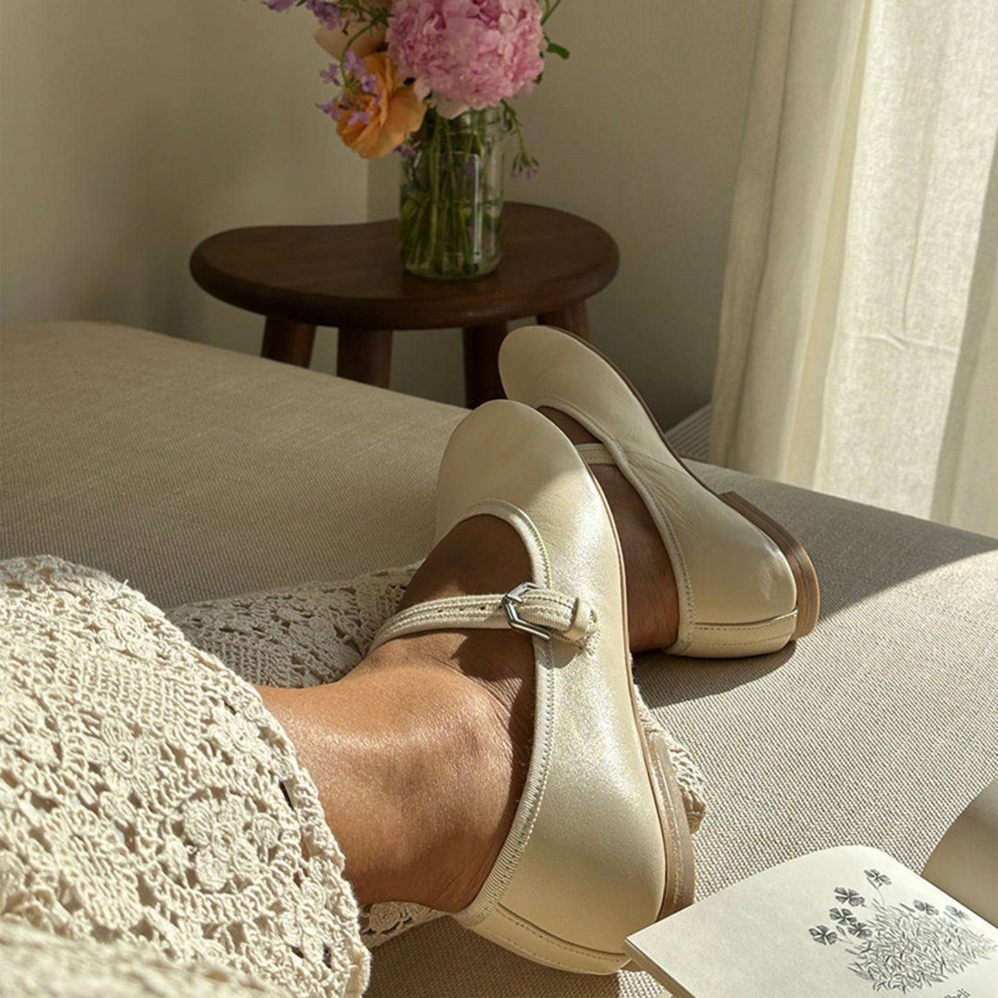 Cream Vegan Leather Round-Toe Bridge Strap Ballet Flats