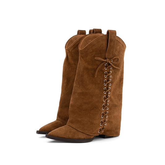 Tan Faux Suede Pointed-Toe Fold-Over Side Lace-Up Mid Calf Cowgirl Boots