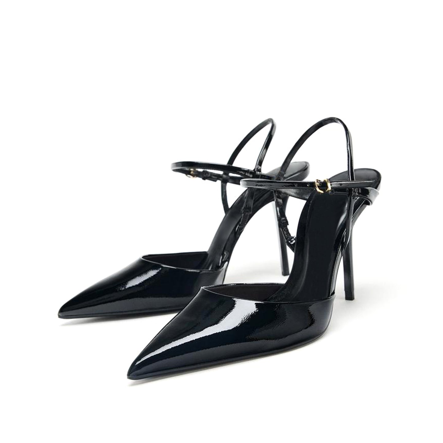 Patent Black Pointed-Toe Slingback Ankle Strap Stiletto High Heels