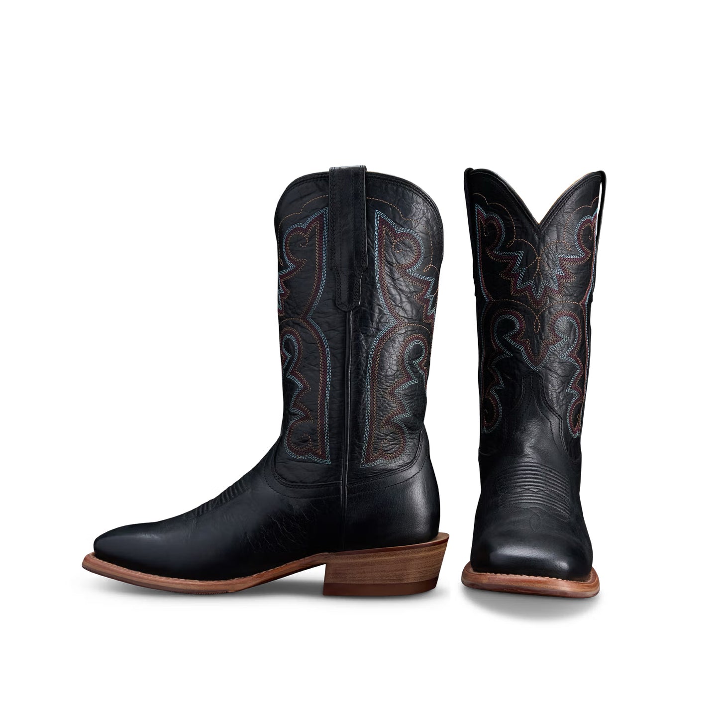 Black Square-Toe Western Embroidery Mid Calf Cowgirl Boots