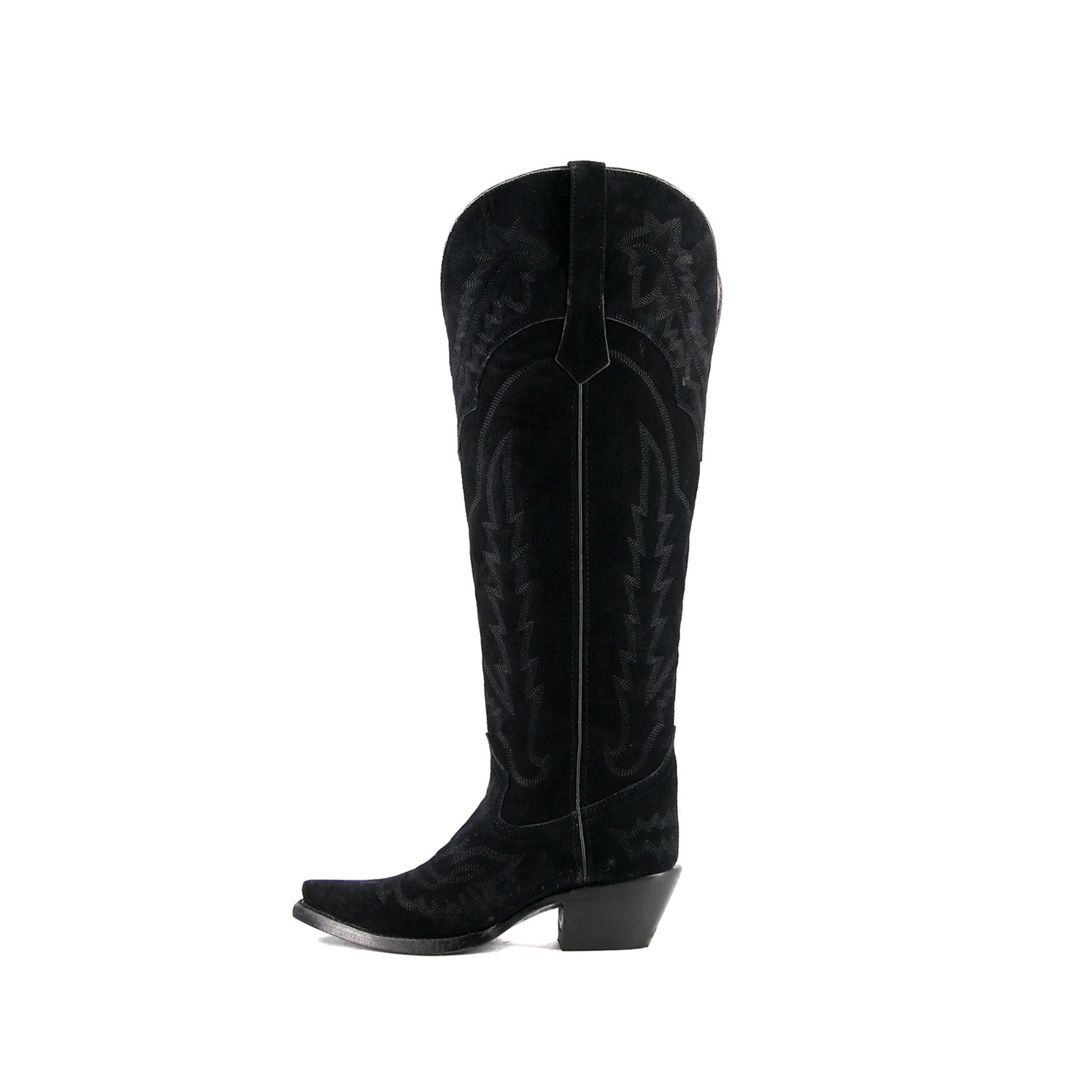Black Faux Suede Snip-Toe Embroidery Half-Zip Knee High Cowgirl Boots