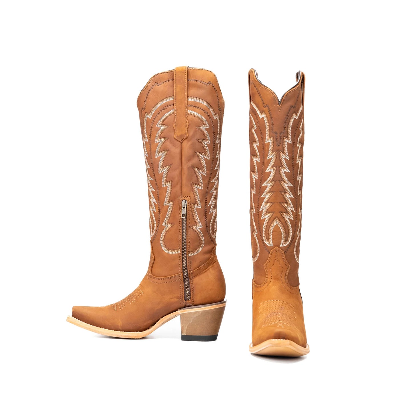 Tan Snip-Toe Thread Stitching Half-Zip Knee High Cowgirl Boots
