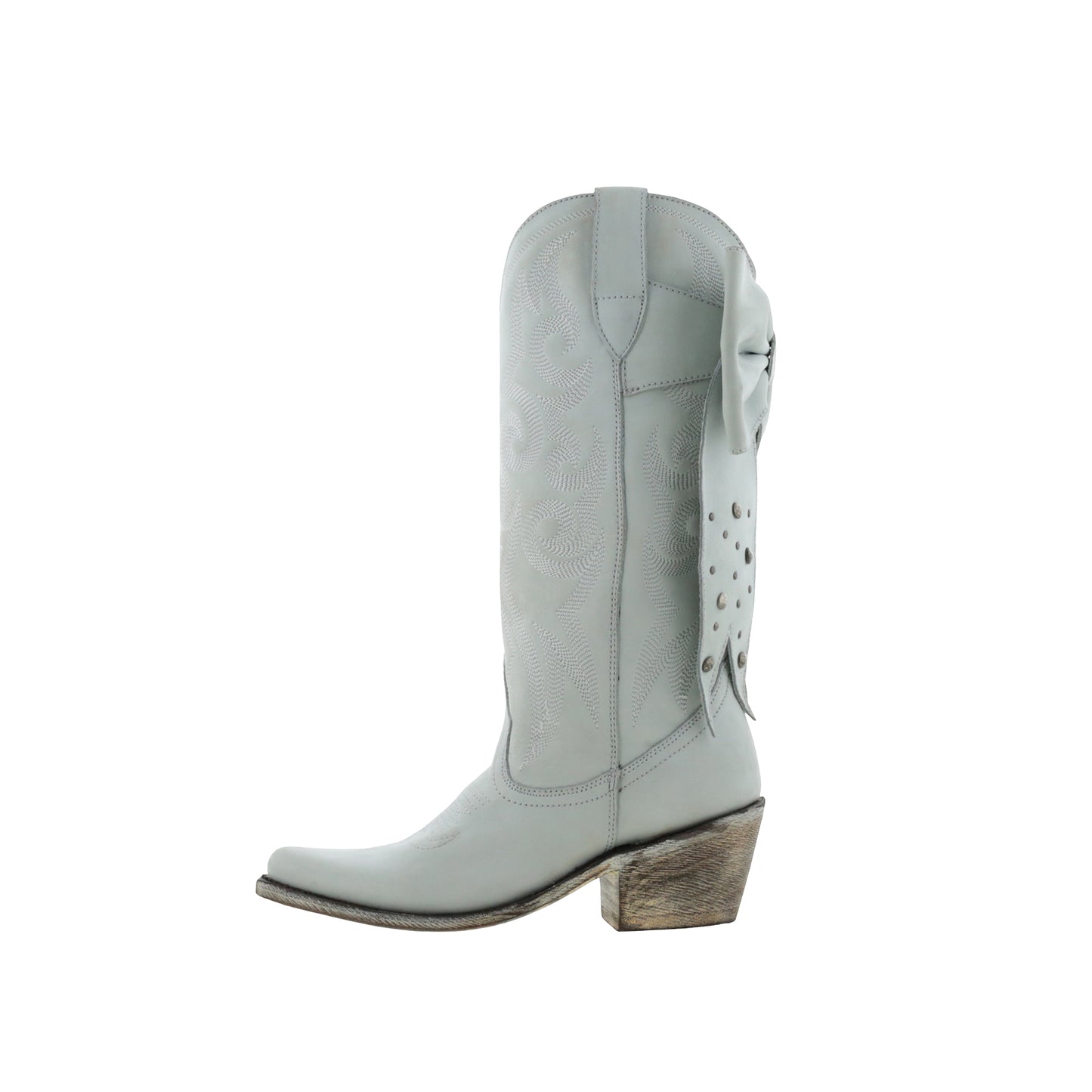 Gray Pointed-Toe Embroidery Back Studded Bow Mid Calf Cowgirl Boots