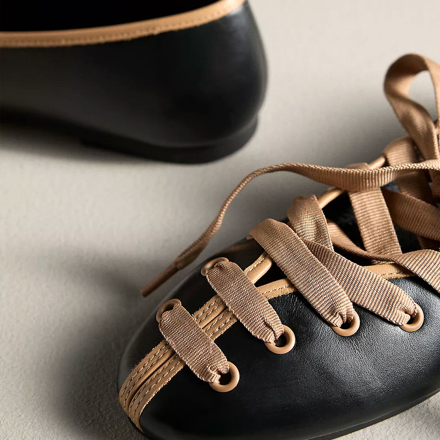 Black Round-Toe Brown Lace-Up Ballet Flats