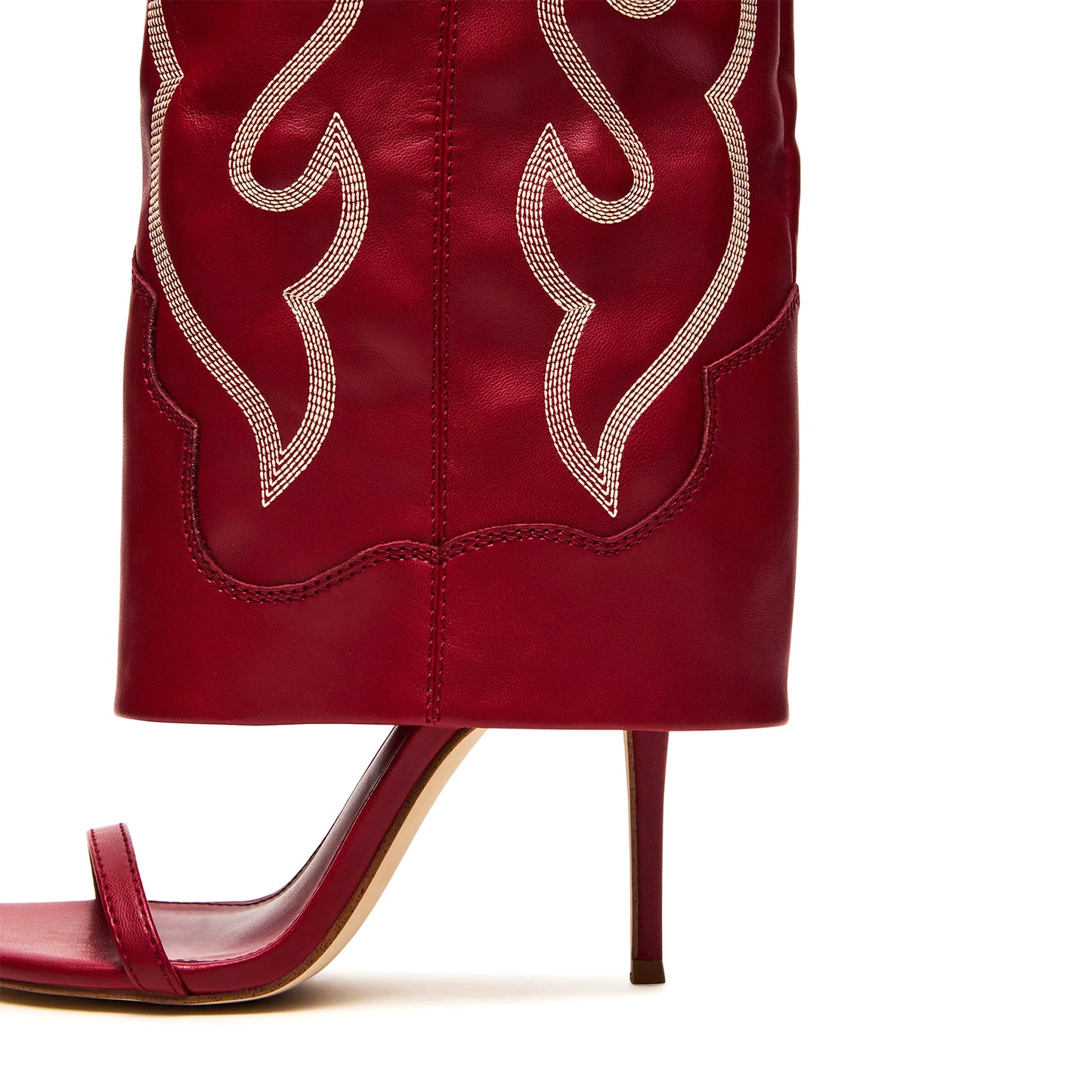 Red Open Round-Toe Fold-Over Embroidery Wide Calf Knee High Stiletto Boots