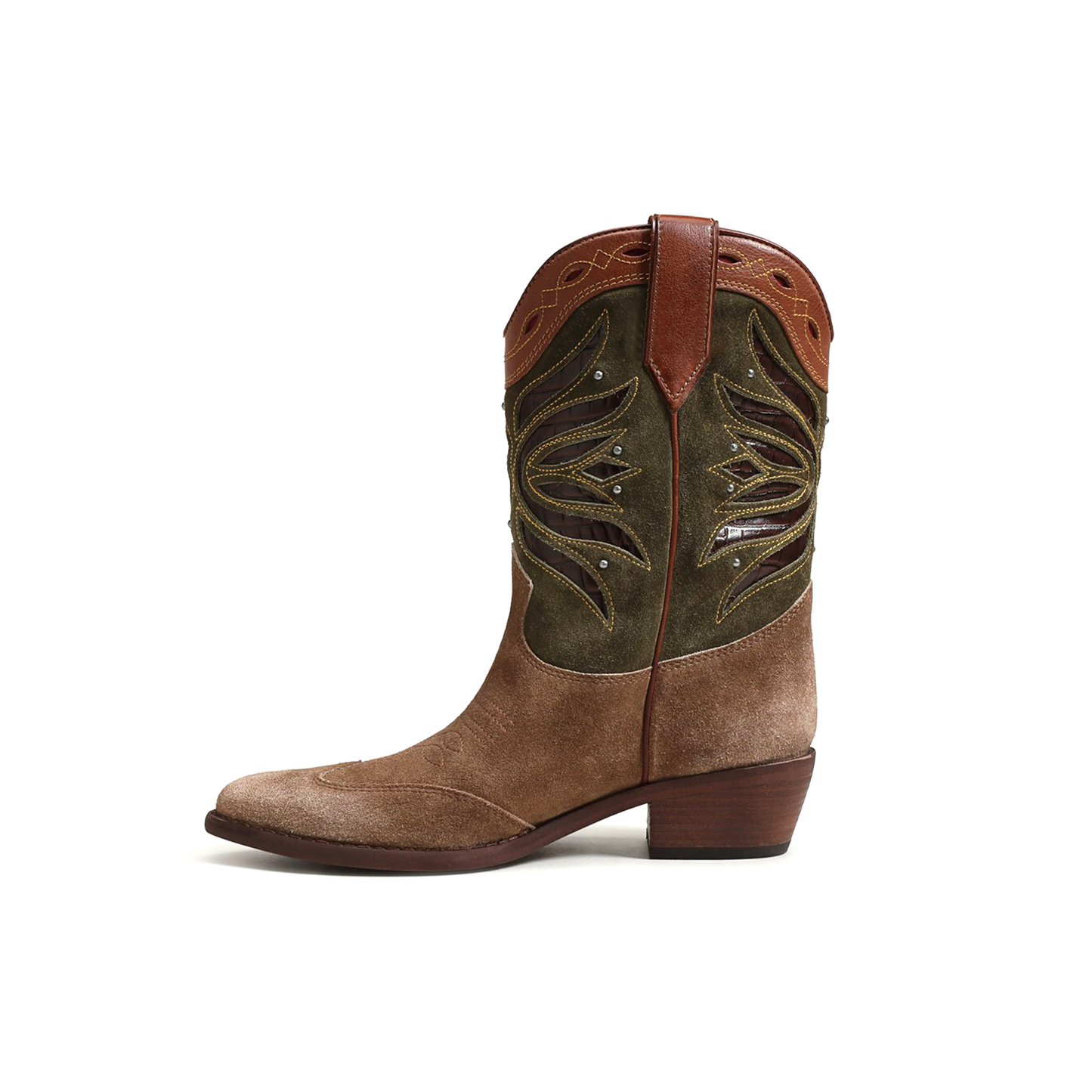 Dark Tan Pointed-Toe Inlays Studded Mid Calf Cowgirl Boots