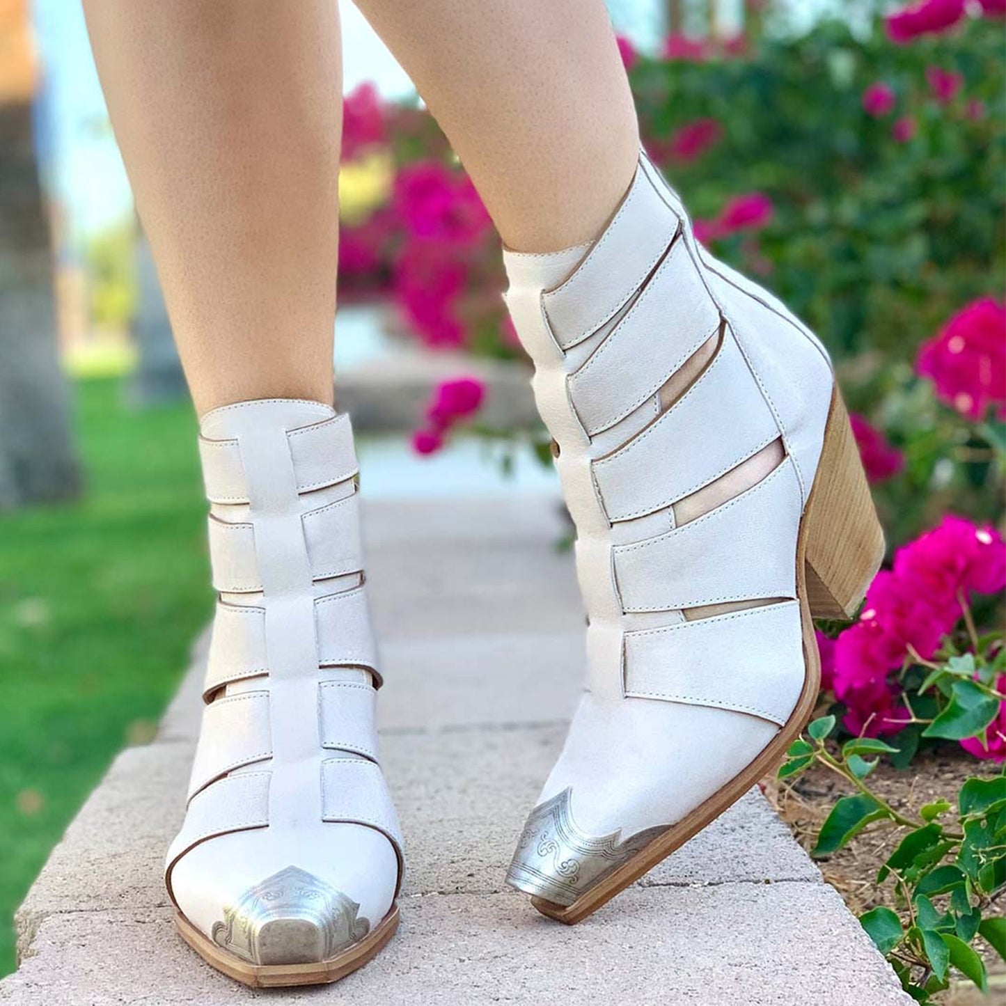 White Metal Snip-Toe Strappy Back Full-Zip Ankle Cowgirl Boots