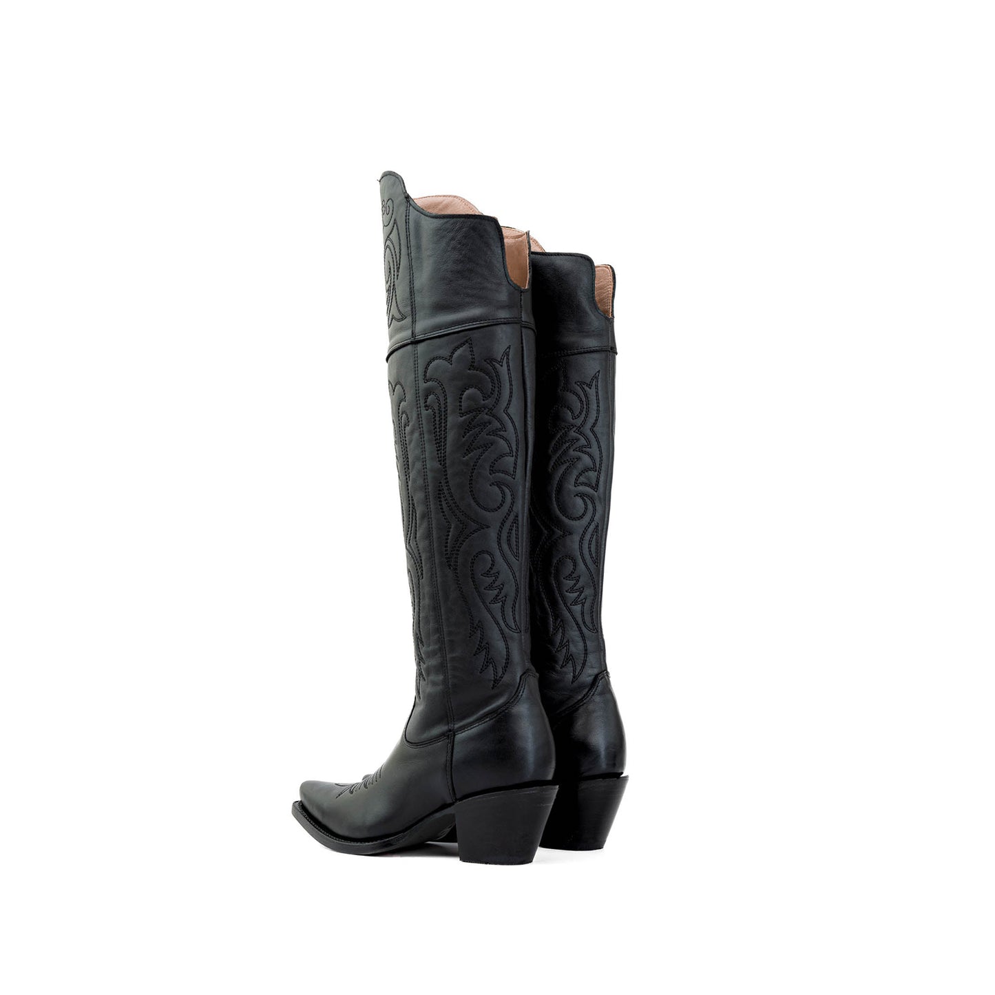 Black Snip-Toe Classic Embroidery Half-Zip Over-The-Knee Cowgirl Boots