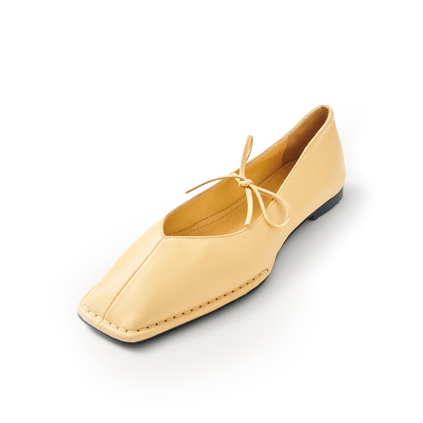 Yellow Square-Toe V-Cut Vamps Bridge Self-Tie Bow Ballet Flats