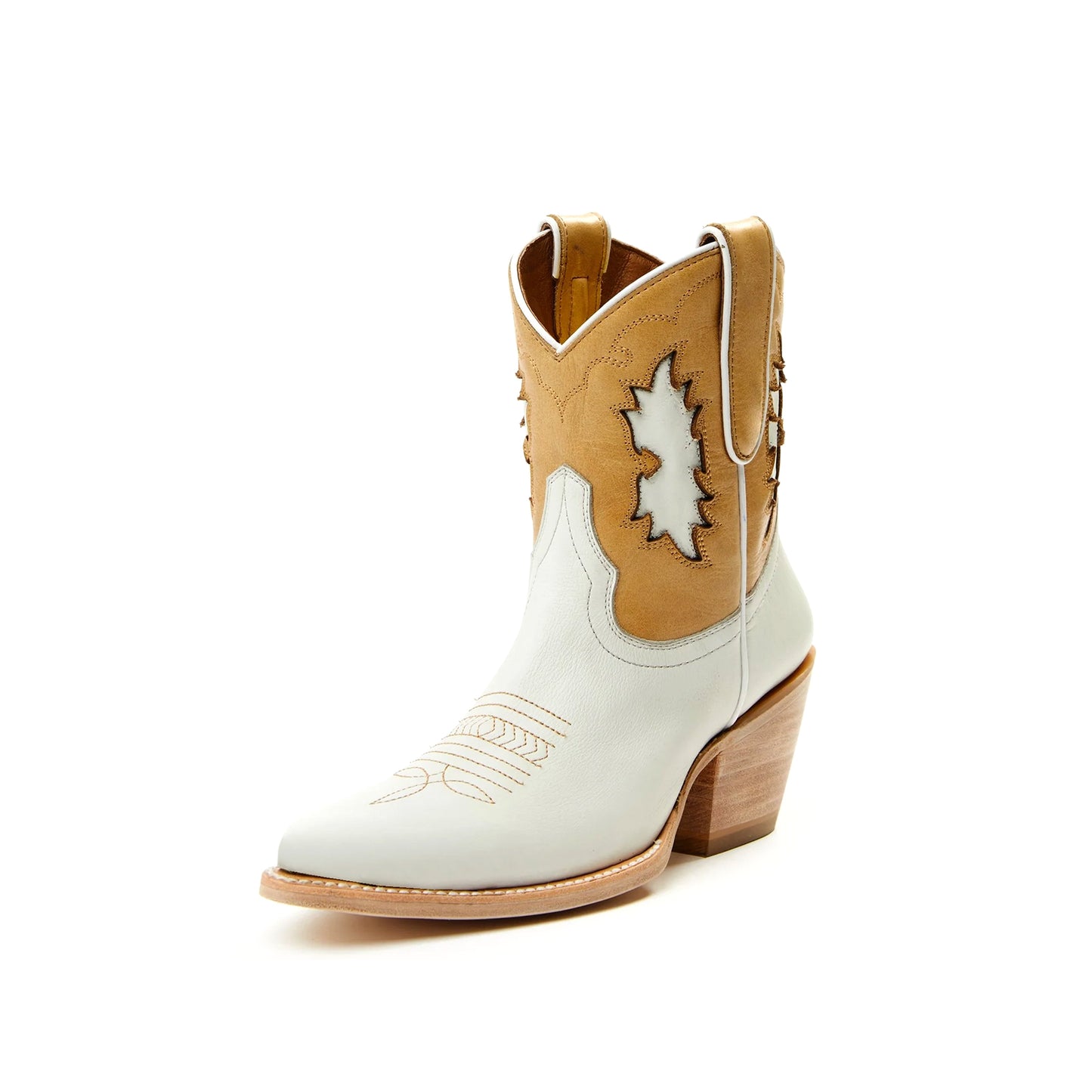 Contrast Beige and Khaki Pointed-Toe Inlay Ankle Cowgirl Boots