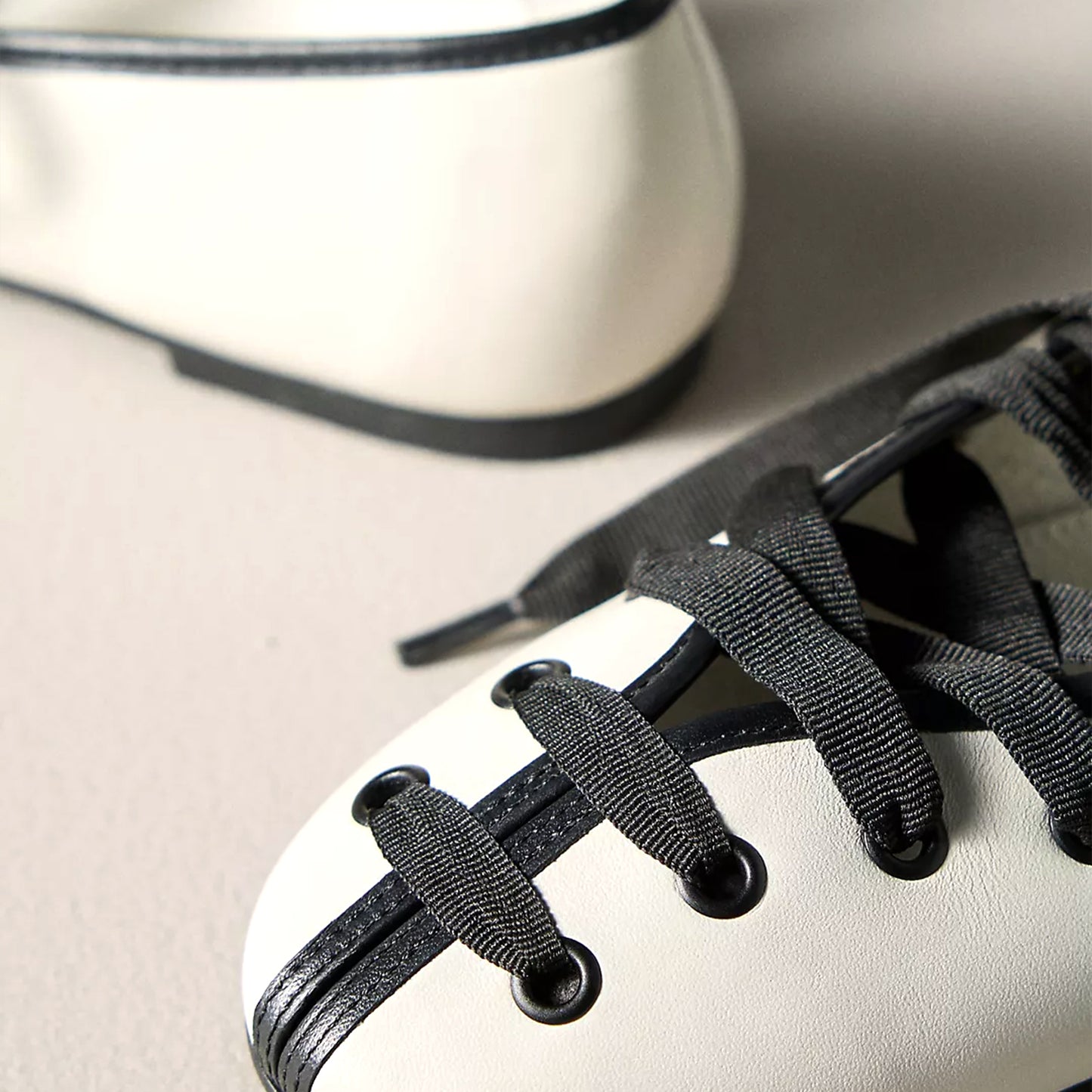 White Round-Toe Black Lace-Up Ballet Flats