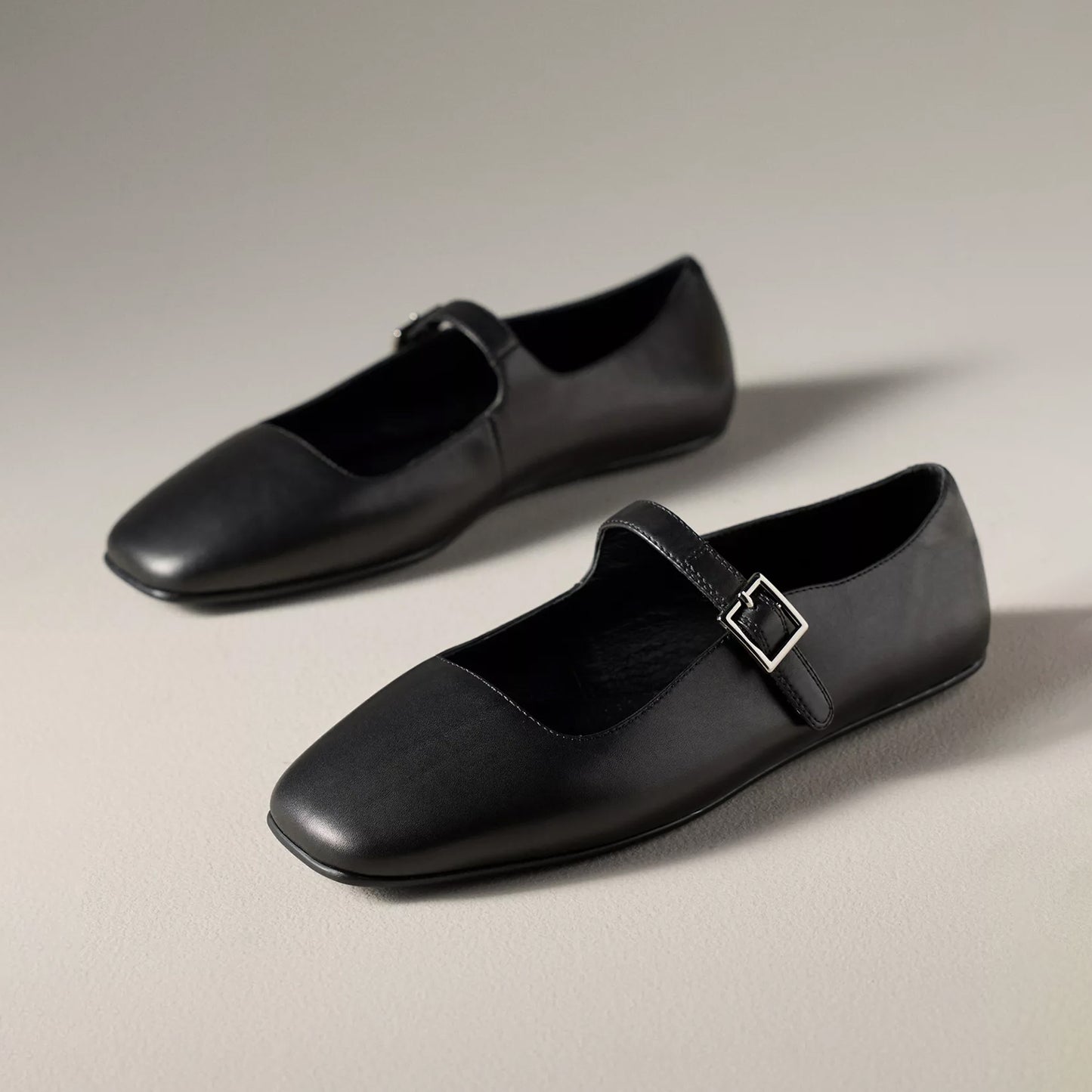 Black Square-Toe Bridge Strap Mary Janes Flats