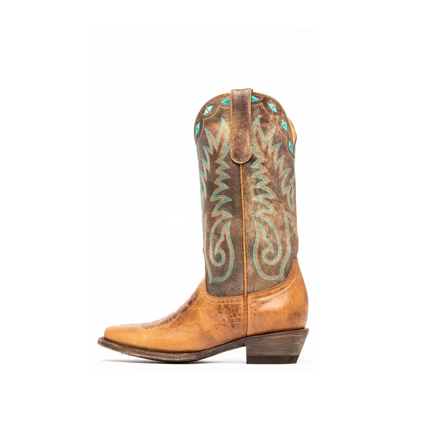 Distressed Contrast Brown And Tan Square-Toe Embroidery Mid Calf Cowgirl Boots