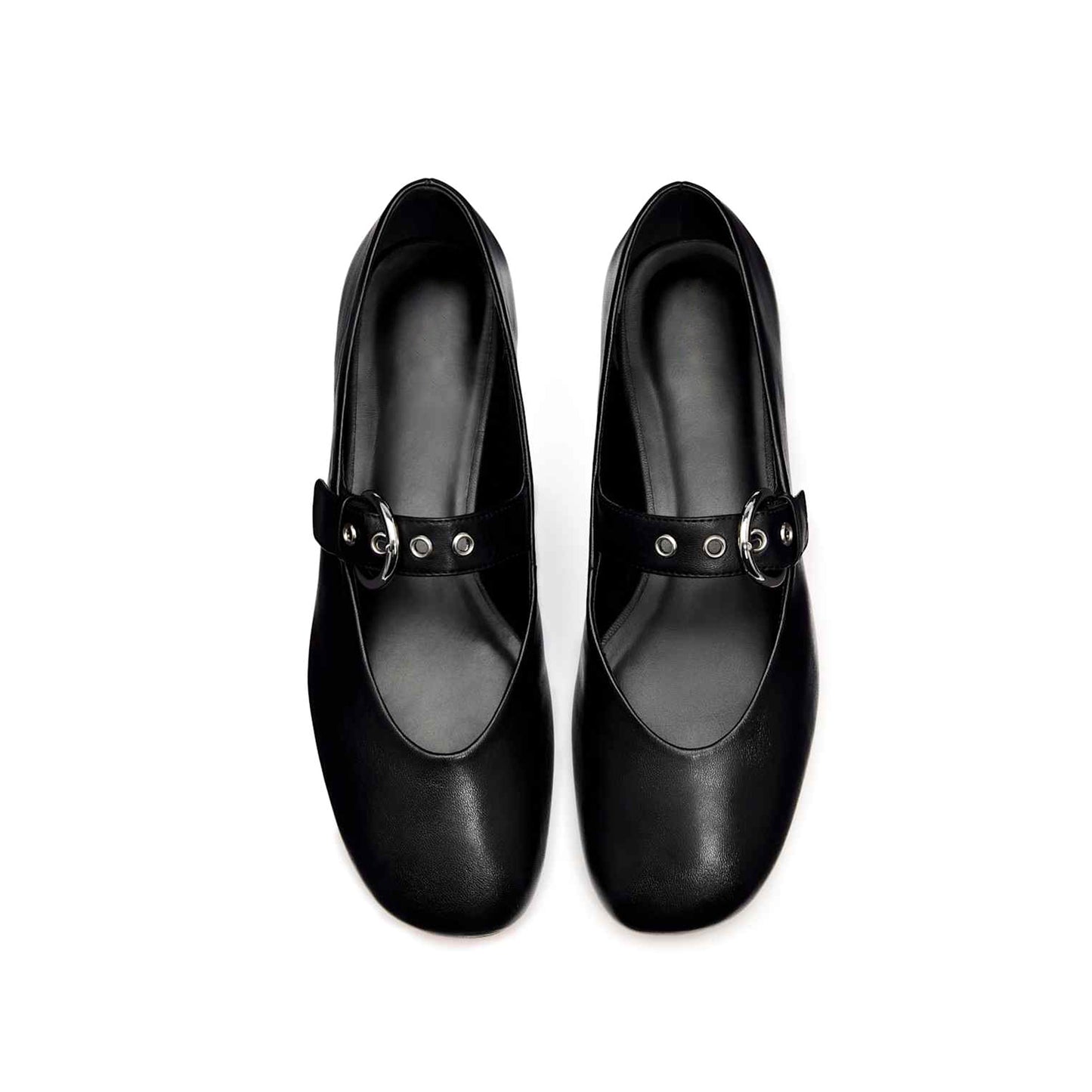 Black Square-Toe Classic Buckle Bridge Strap Ballet Flats