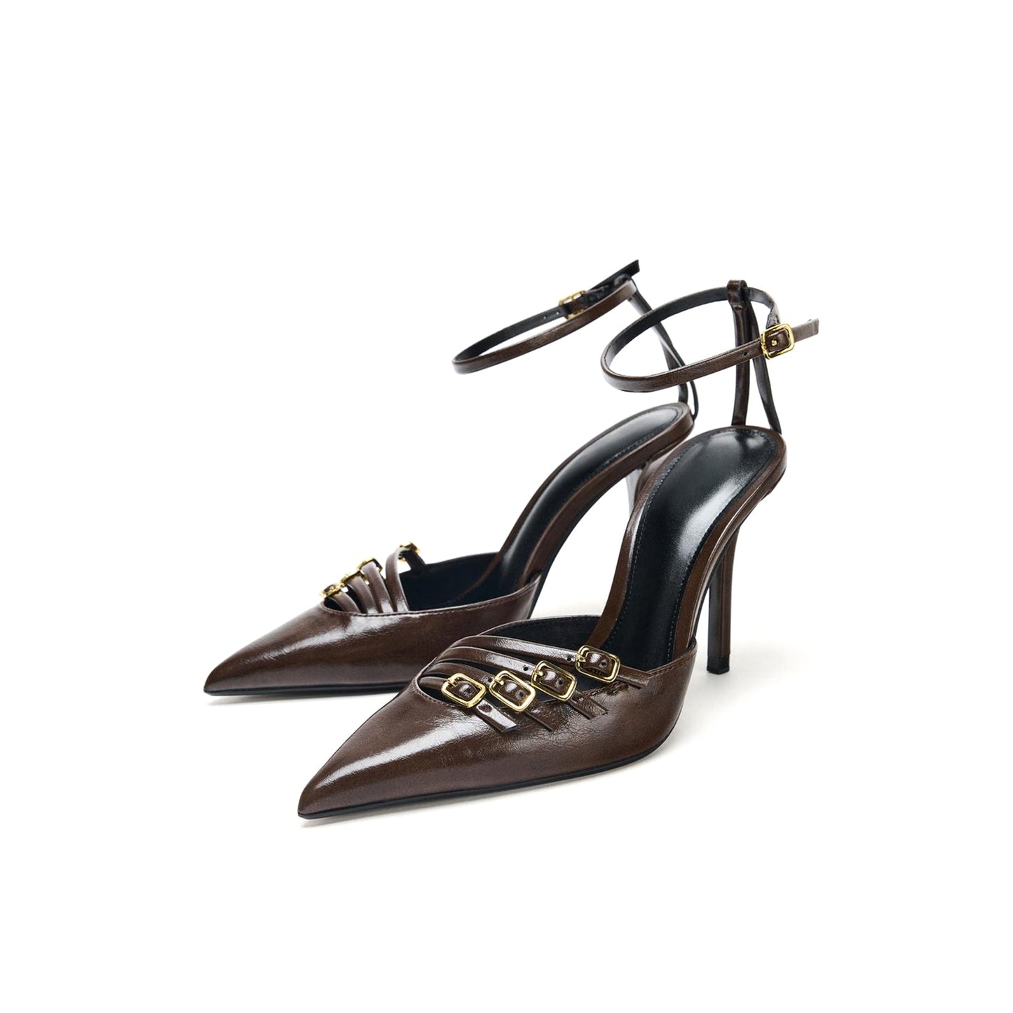 Brown Pointed-Toe Front Straps With Buckle And Ankle Strap High Heels