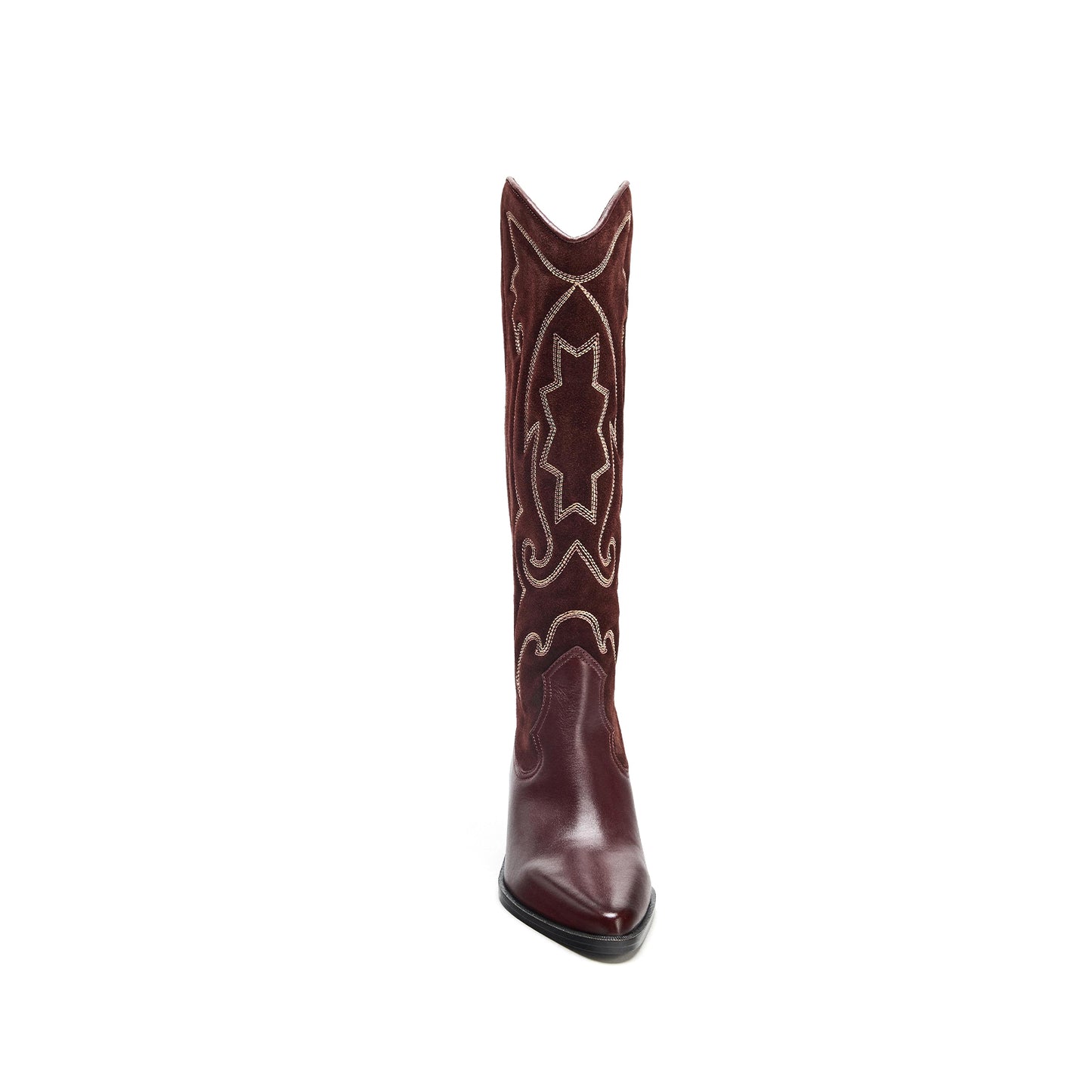 Burgundy Pointed-Toe Embroidery Wide Calf Tall Knee High Cowgirl Boots