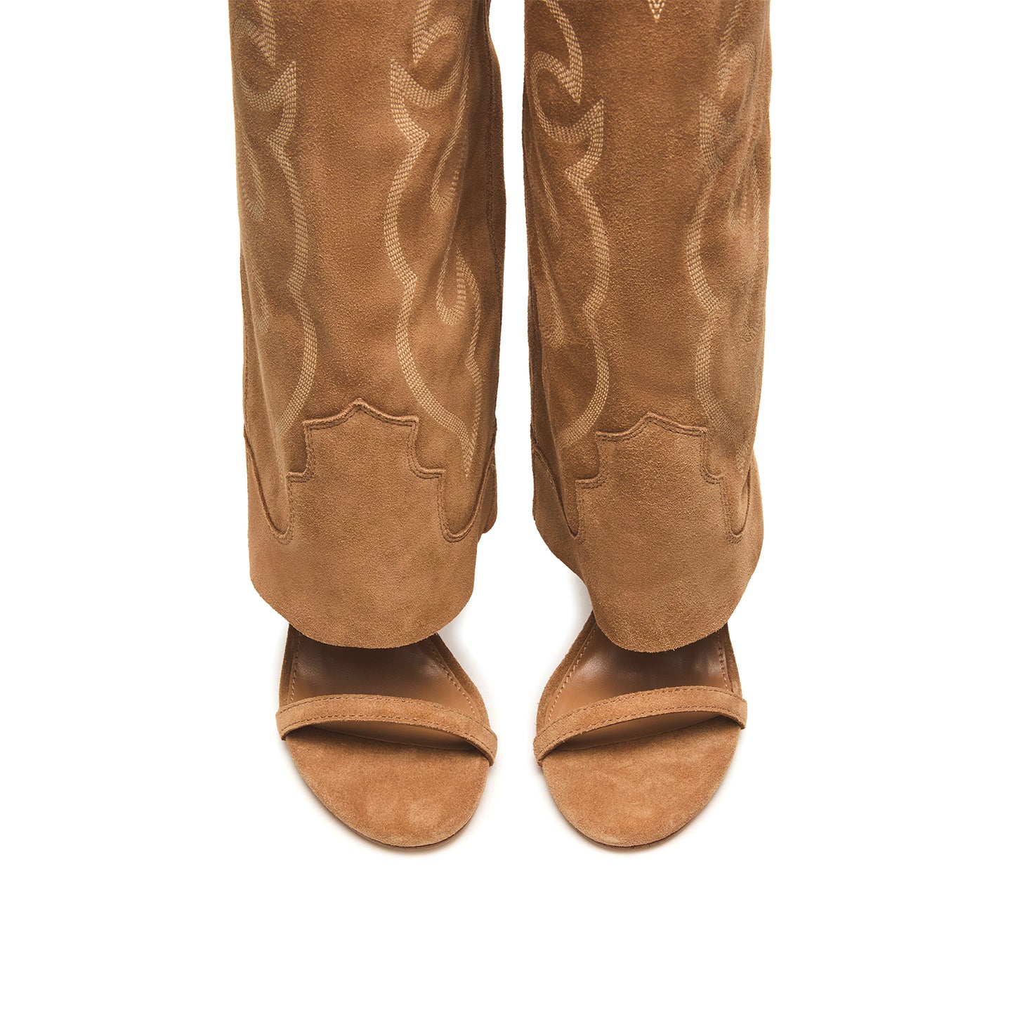 Tan Faux Suede Open Round-Toe Fold-Over Embroidery Wide Calf Knee High Stiletto Boots.