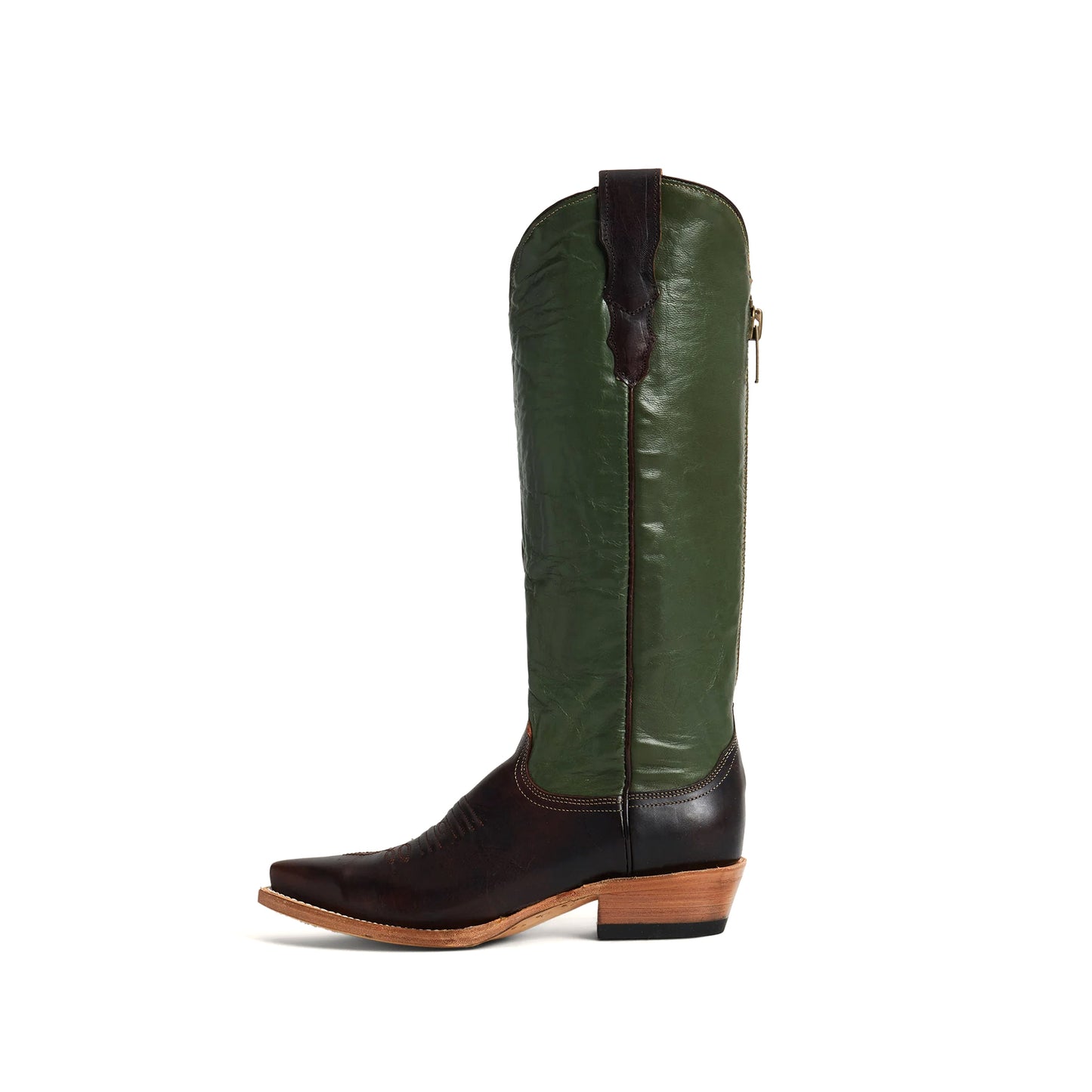 Green Snip-Toe Simple Back Full-Zip Tall Knee High Cowgirl Boots
