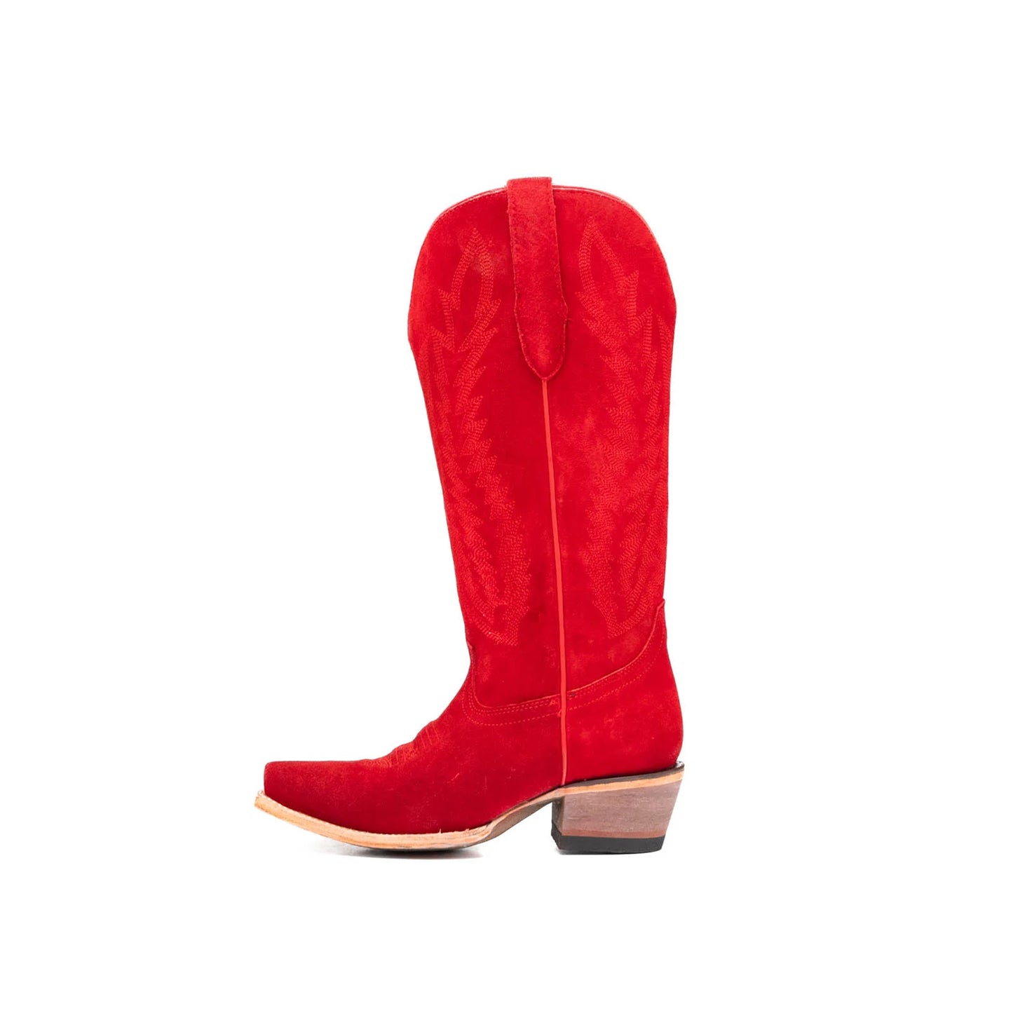 Red Faux Suede Snip-Toe Half-Zip Embroidery Mid Calf Cowgirl Boots