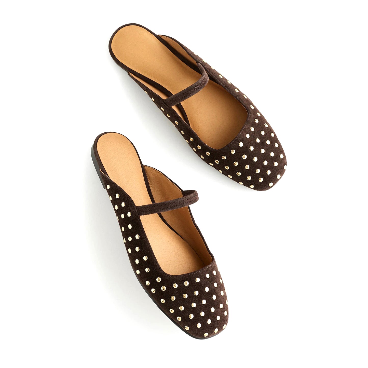 Dark Brown Faux Suede Square-Toe Bridge Strap Studded Slip-On Flats