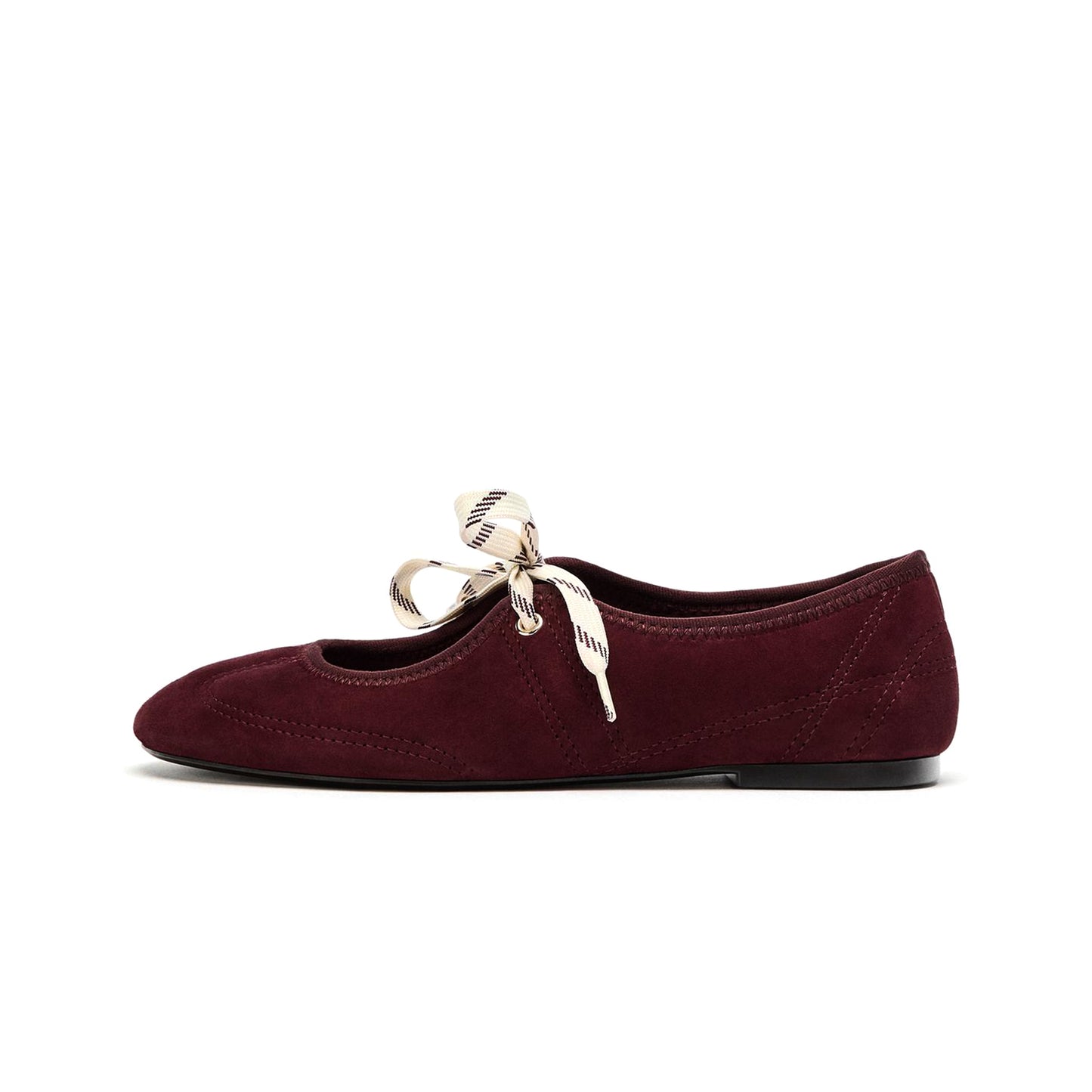 Burgundy Faux Suede Round-Toe Stitch Lace-Up Closure Ballet Flats