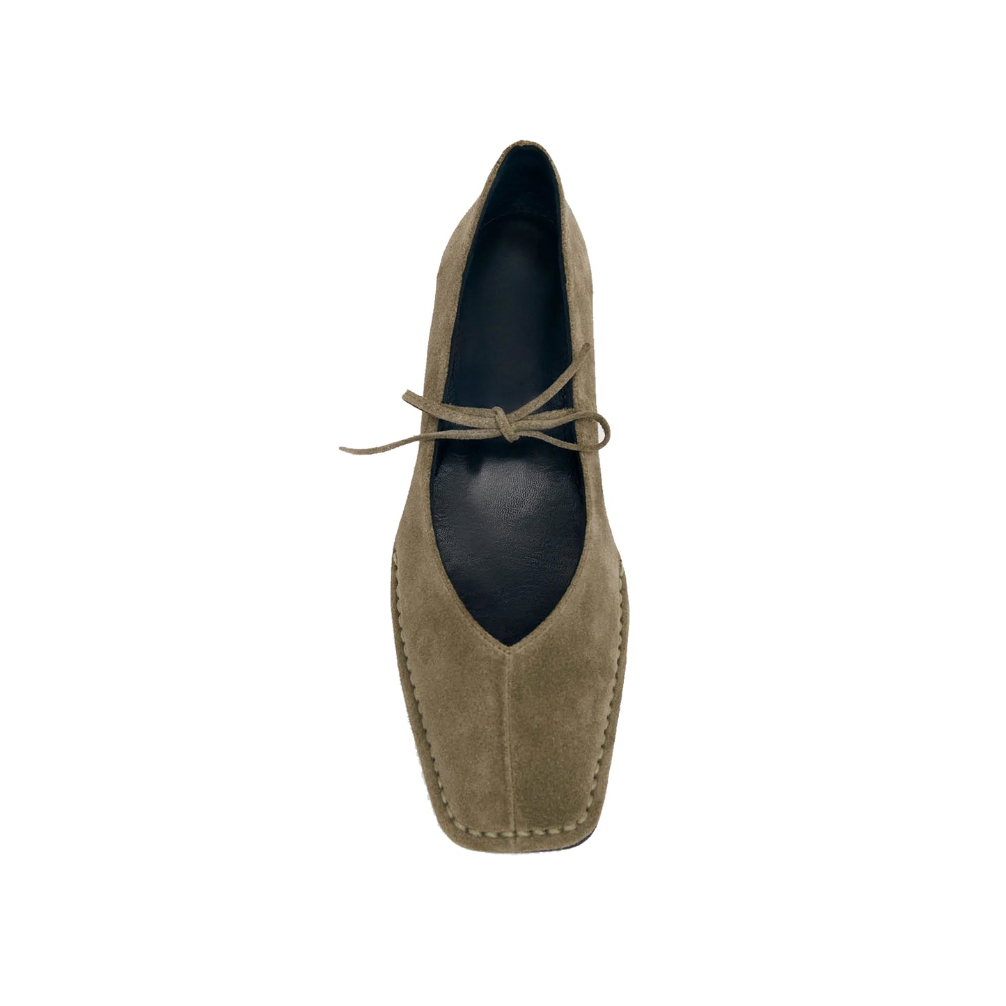 Khaki Faux Suede Square-Toe V-Cut Vamps Bridge Self-Tie Bow Ballet Flats