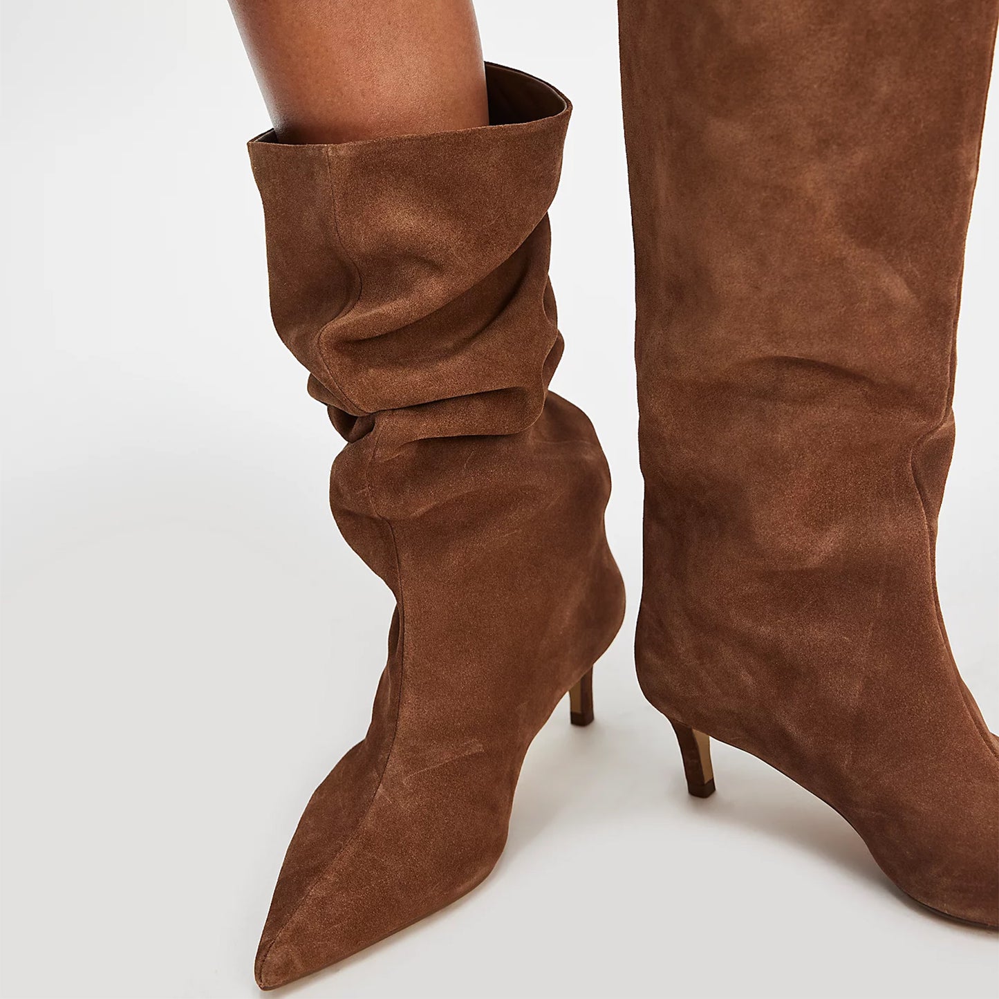 Tan Faux Suede Pointed-Toe Wide Calf Knee High Stiletto Boots