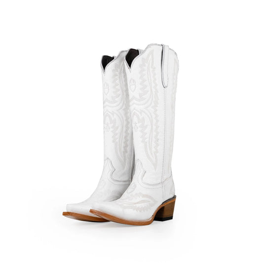 White Snip-Toe Embroidery Half-Zip Knee High Classic Cowgirl Boots