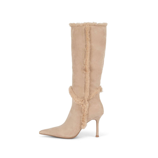 Beige Faux Suede Pointed-Toe Plush Fold-Over Knee High Stiletto Boots