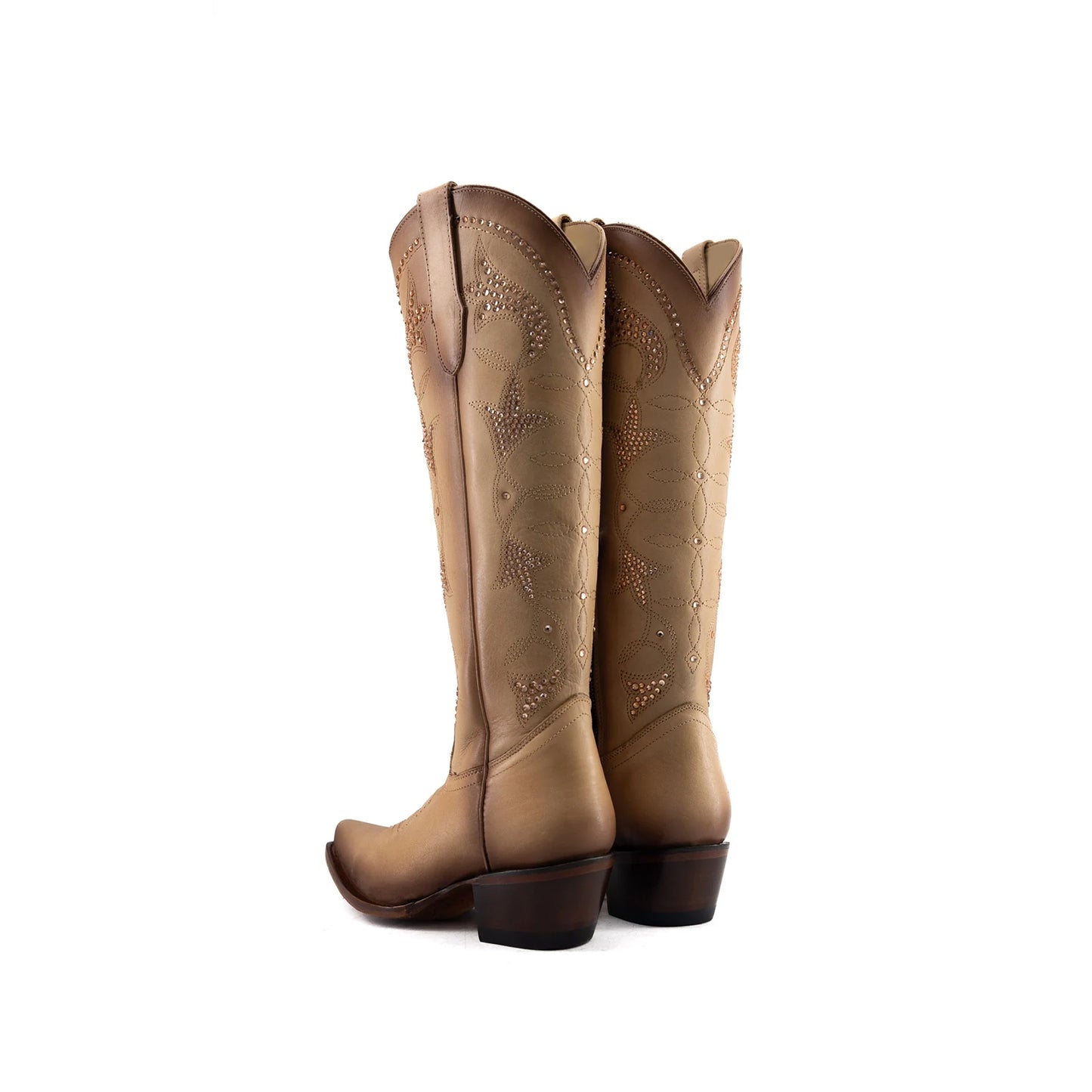 Latte Snip-Toe Rhinestone Embroidery Half-Zip Knee High Cowgirl Boots