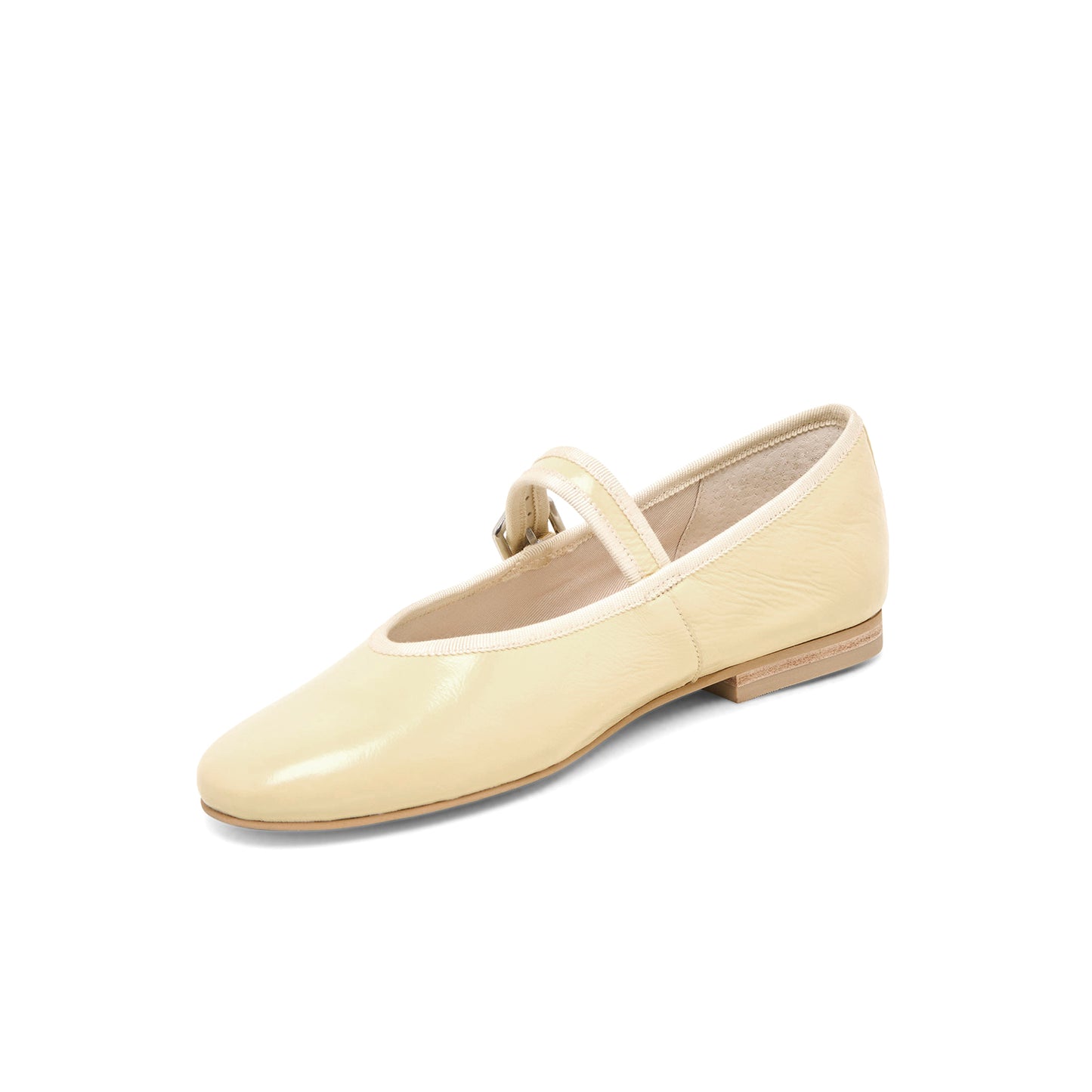 Light Yellow Vegan Leather Round-Toe Bridge Strap Ballet Flats