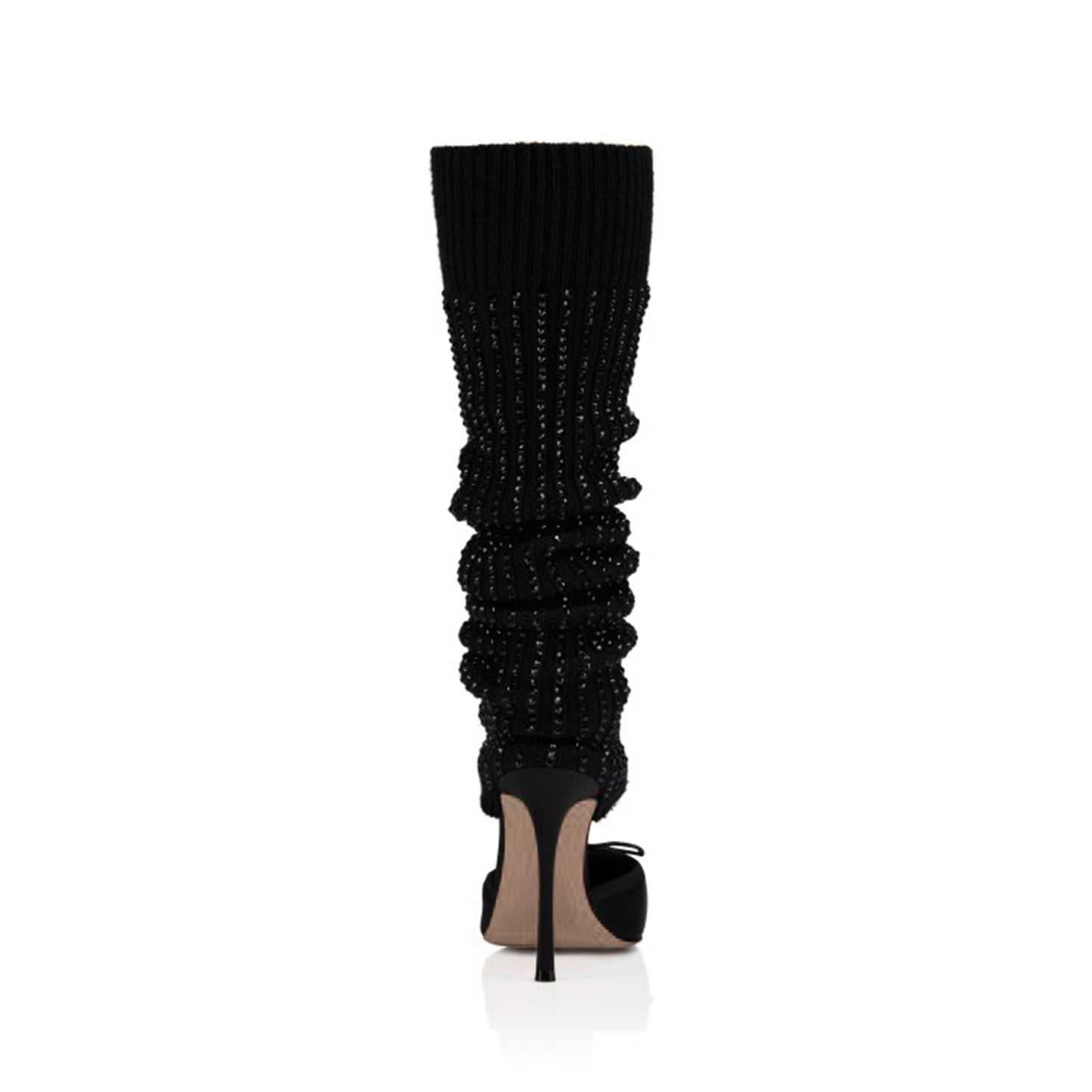 Black Satin Square-Toe Woolen Shaft With Rhinestone Knee High Stiletto Boots