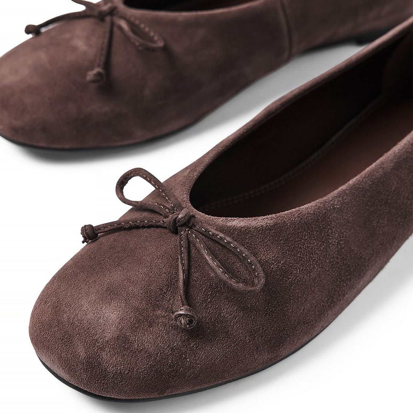 Brown Faux Suede Round-Toe Classic Front Bow Detail Ballet Flats