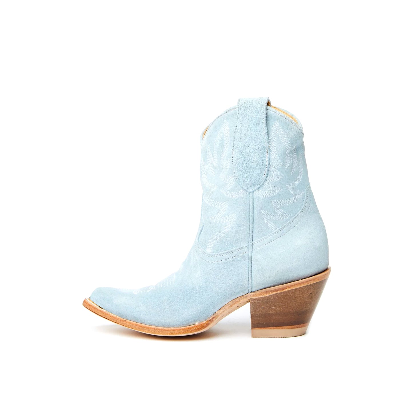 Light Blue Faux Suede Almond-Toe Embroidery Ankle Cowgirl Boots