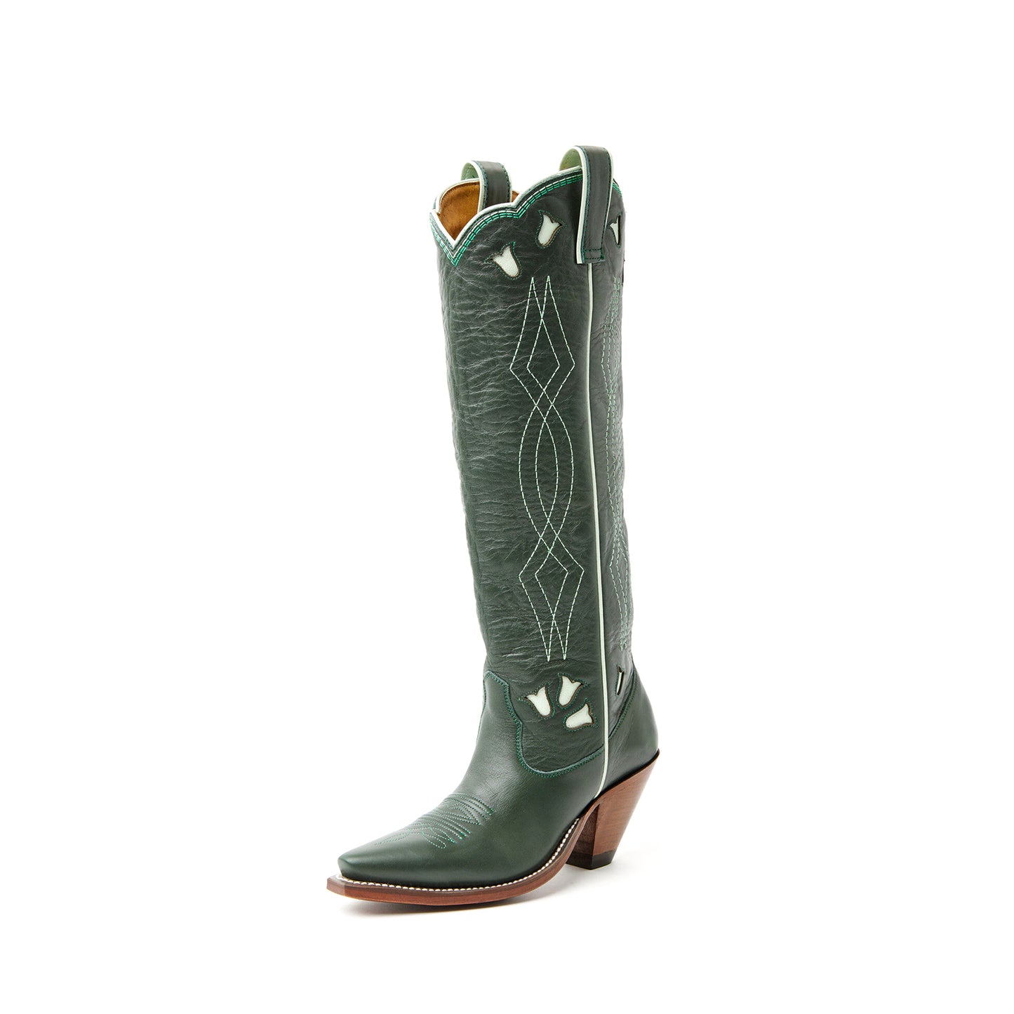 Green Snip-Toe Embroidery And Floral Inlay Wide Calf Knee High Cowgirl Boots