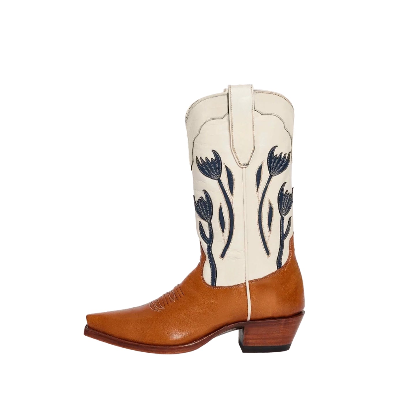Contrast Cream And Brown Snip-Toe Navy Tulip Inlay Mid Calf Cowgirl Boots