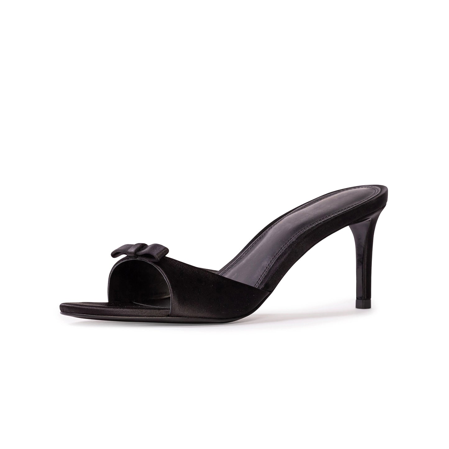 Black Satin Round-Toe Front-Bow Backless Kitten Heels